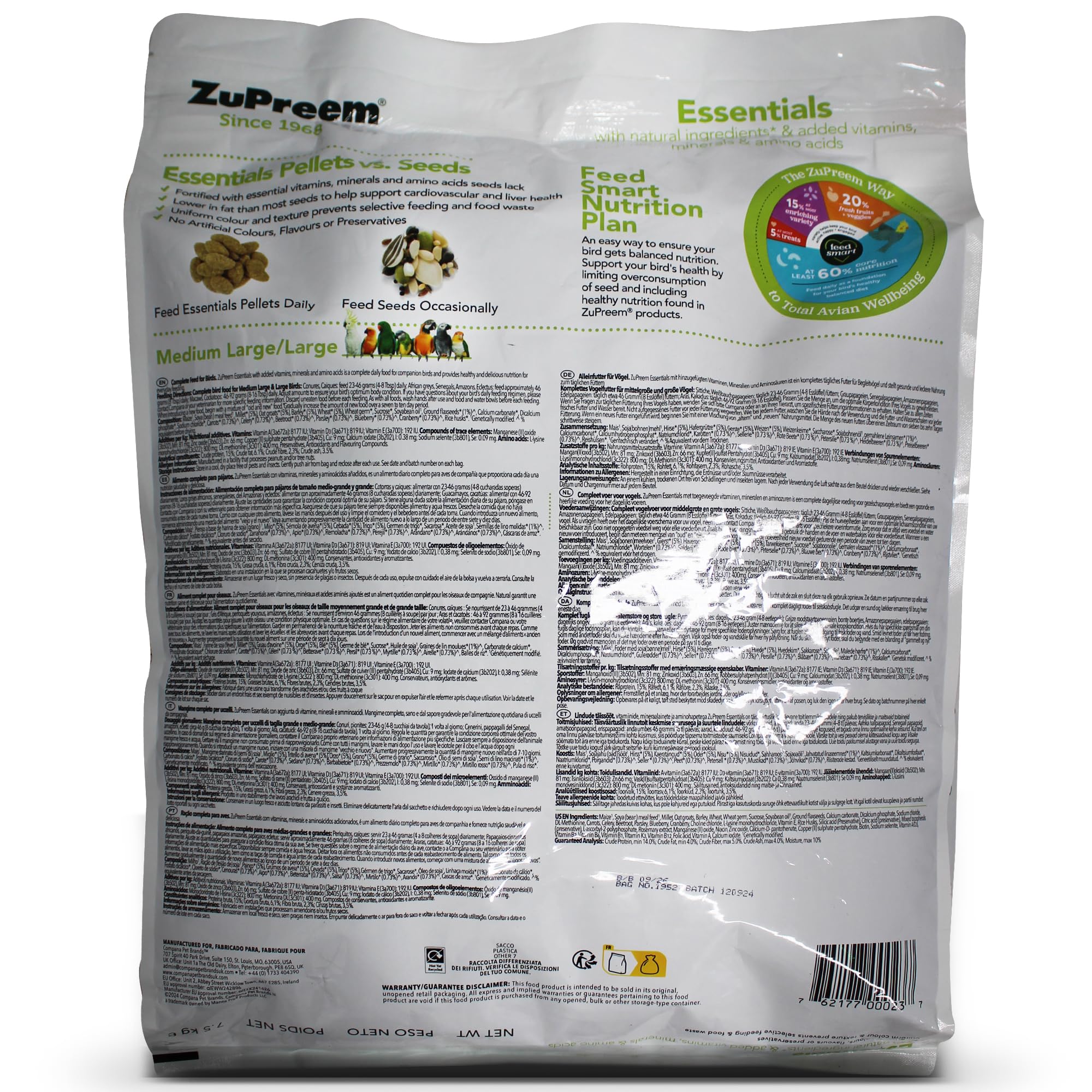ZuPreem Essentials Cibo per Uccelli da Azienda - Ingredienti Naturali - Mangime per Uccelli Indicato per Pappagalli, Ara, Cacatua, Caiques e Altri Uccelli Medio-Grandi e Grandi - 7,5 kg