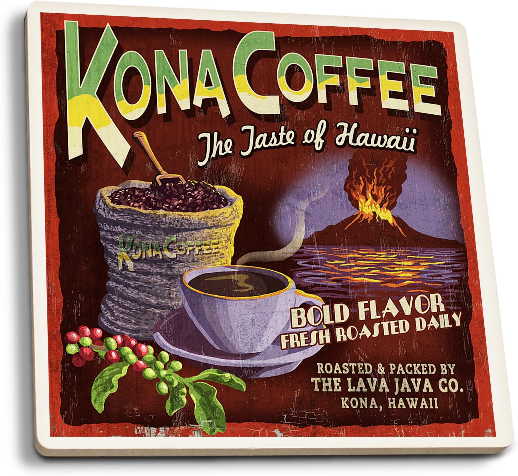 HawaiΓÇÿi, Kona Coffee Vintage Sign (Absorbent Ceramic Coasters Set of 4 Matching Images, Cork Back, Kitchen Table Decor)