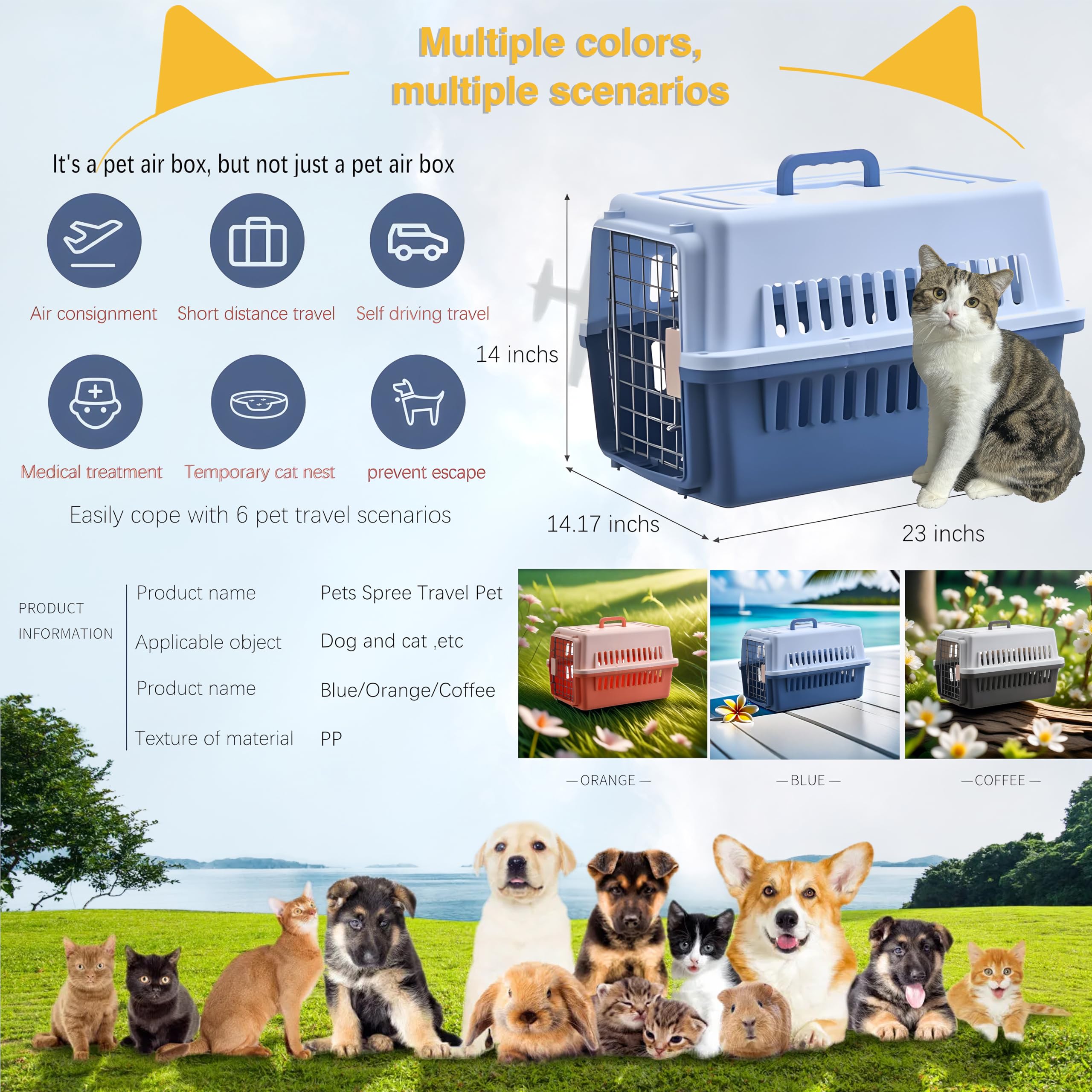 LLGJ-Pets Carrier, Kennel, 23 In. Long, Hard-Sided, for Dog/Cat up to 20 lbs, Suit for Airline/Road Travel (Orange) - image 3