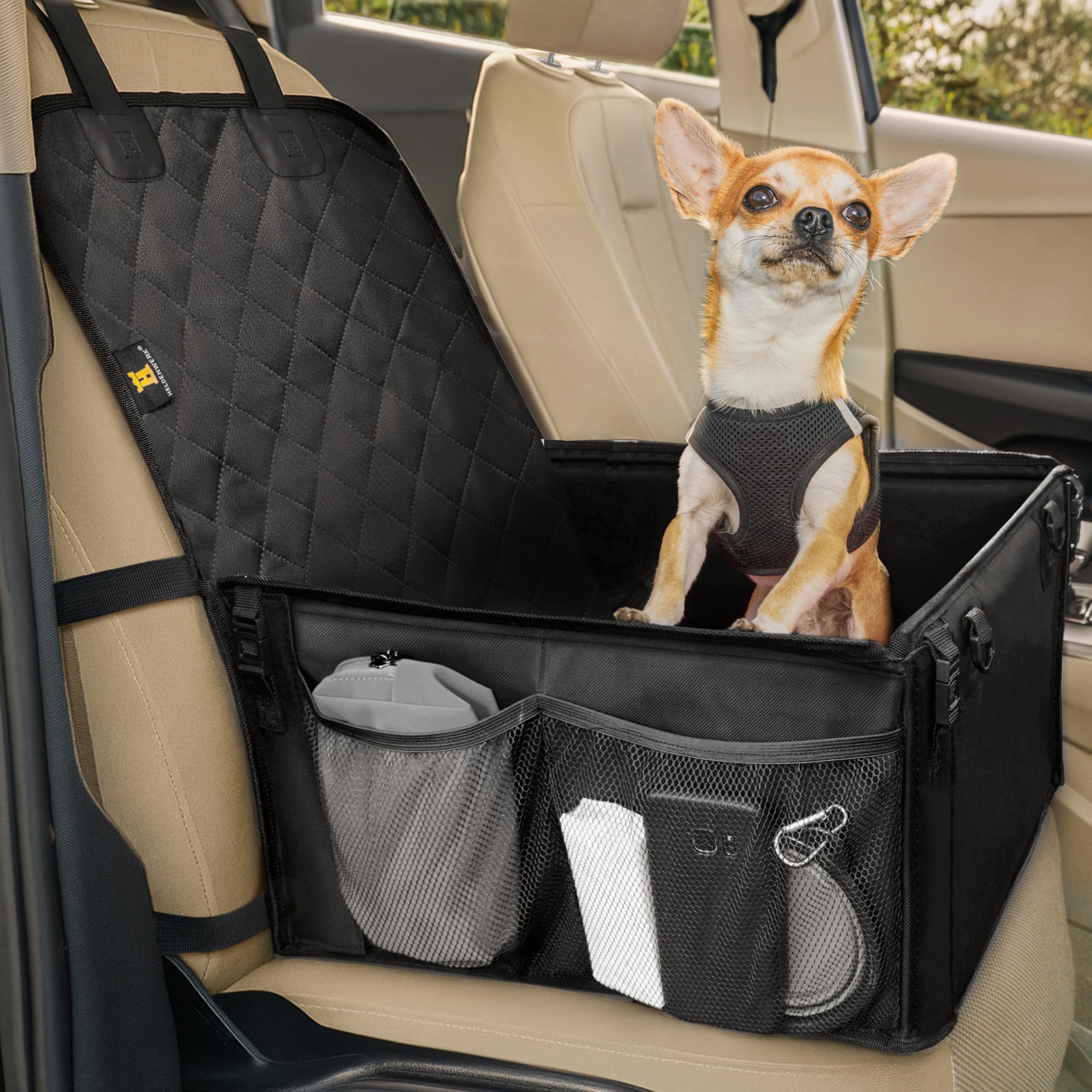 HELDENWERK Extra Stabiler Hunde Autositz -Verstärkte Wände und 5 Gurte - Wasserdichter Hundeautositz für Rück- und Vordersitz (Schwarz, Standardgröße)
