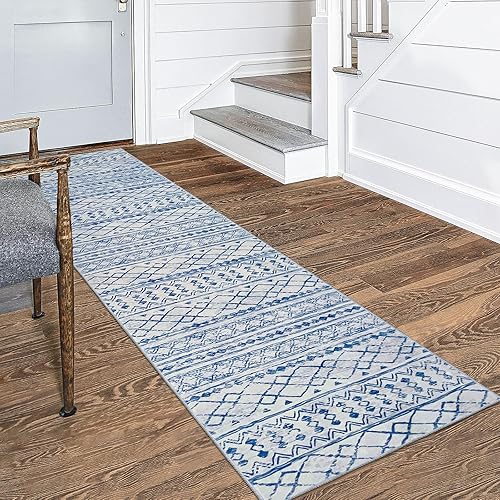 Miniatura 2 de KUTA Alfombra marroquí lavable, 2 x 8 pies, antideslizante, vintage, azul, bohemio, pasillo, cocina, alfombra de pasillo ultra suave, con estampado