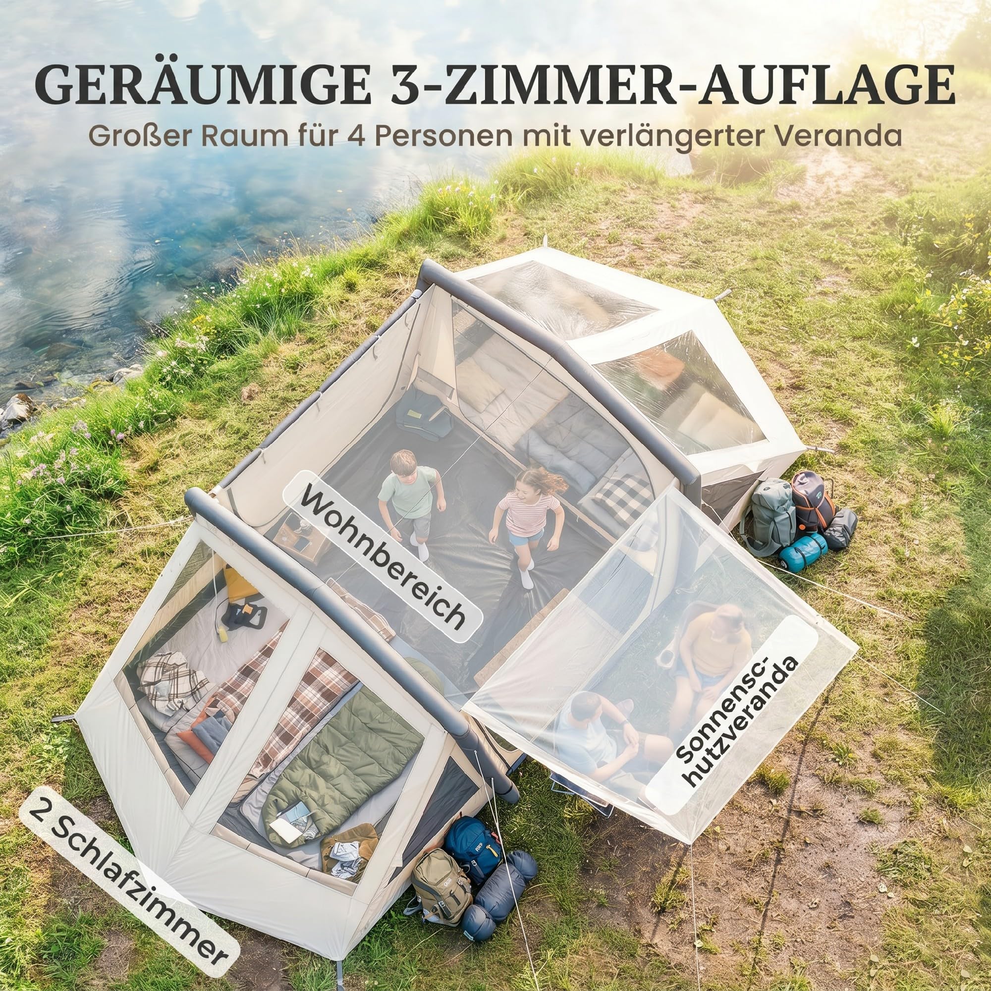 Outsunny Aufblasbares Zelt für 4 Personen mit schnellem Aufbau, verdunkelnd, Camping Zelt mit 2 Schlafzimmern, Vorraum, Fluoreszierende Fenster, Bodenplane und Heringen, wasserdicht Air Glamping Zelt