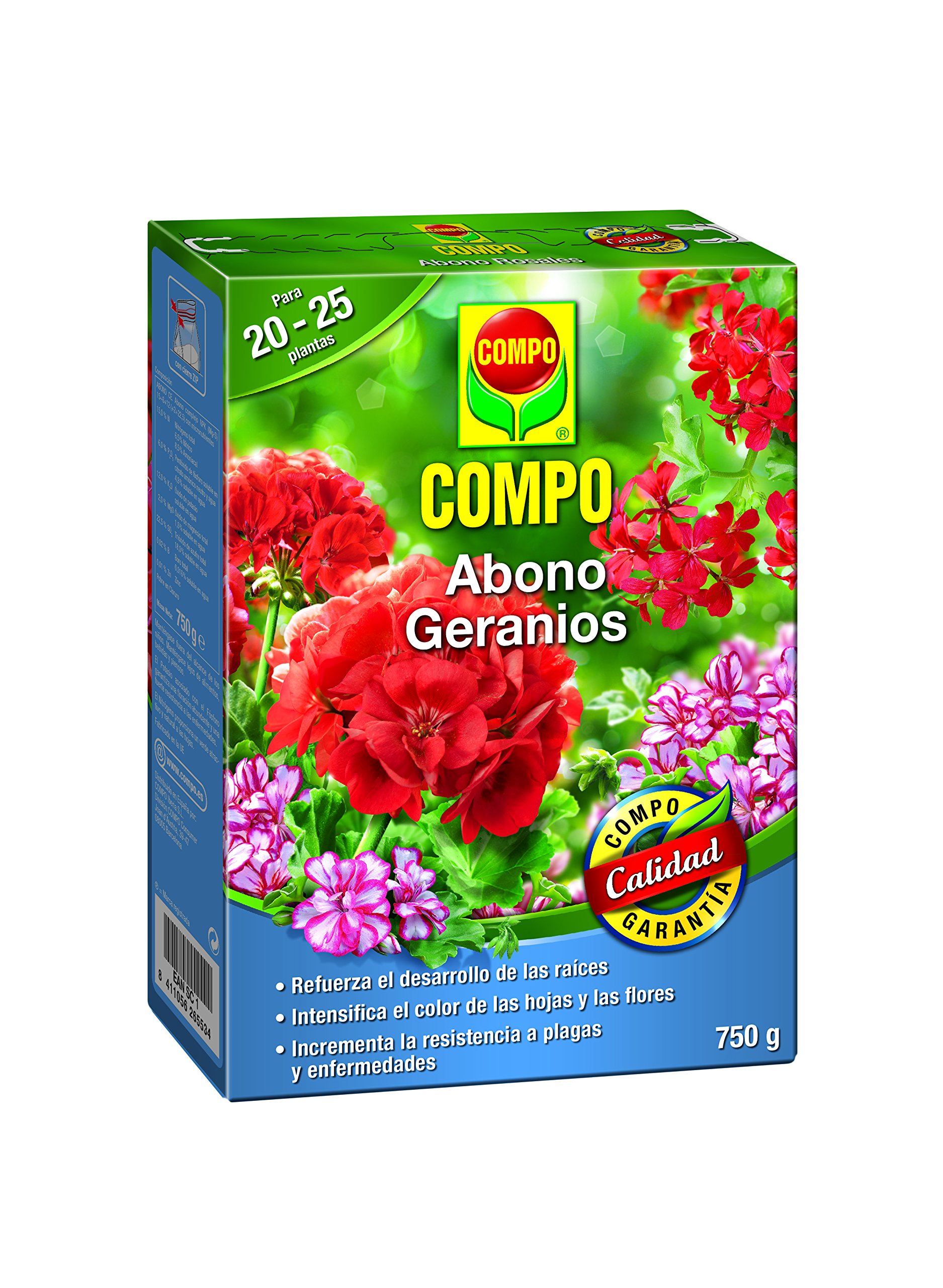 COMPO Abono para geranios, Apto también para otras plantas de flor, Envase estanco, Granulado, Para 20-25 plantas, 750 g, 2655302011