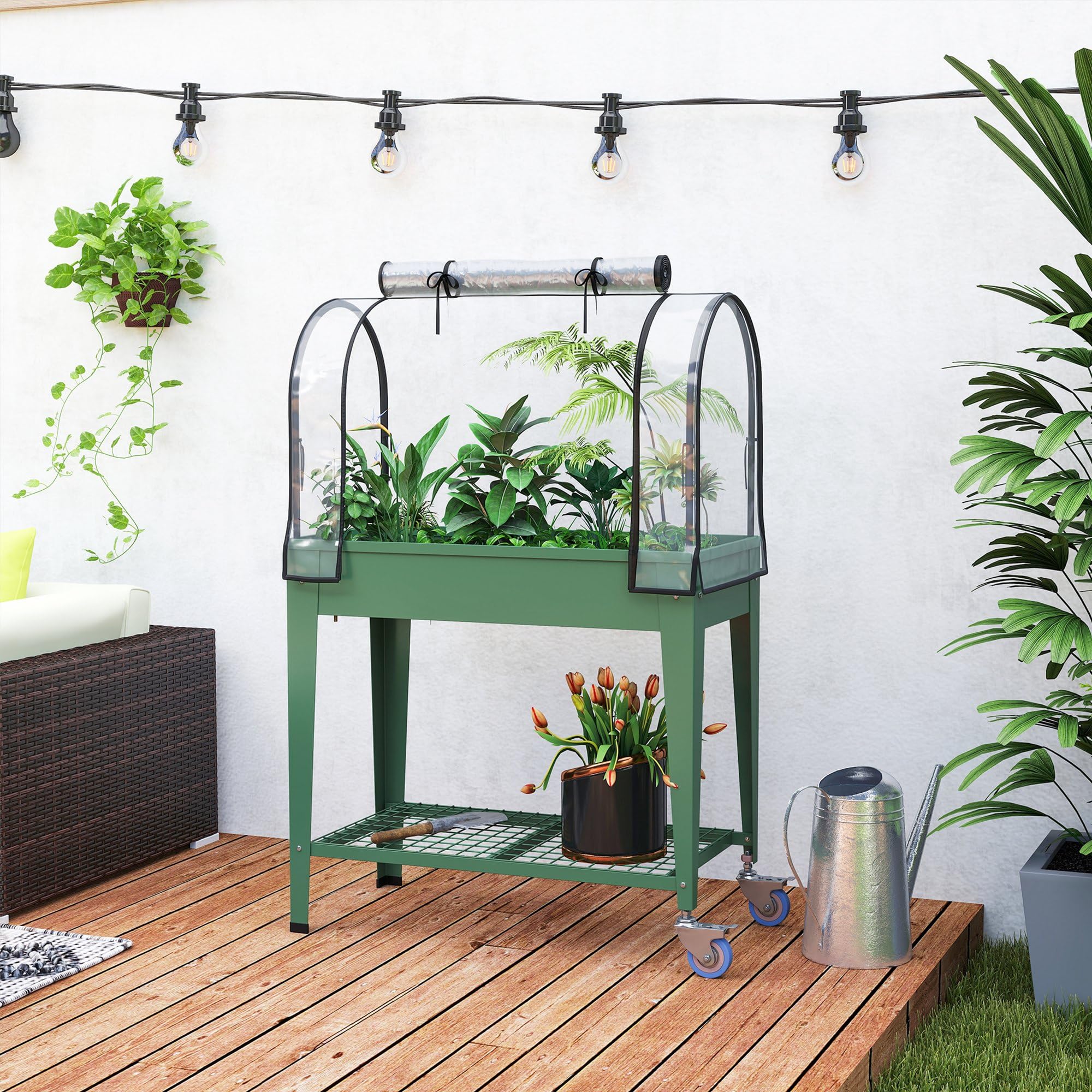 Outsunny Huerto Urbano Elevado con Ruedas, Mesa de Cultivo con Cubierta PVC de Invernadero y Estante Inferior para Cultivo, Plantas, Flores y Verduras, 80x40x120 cm, Verde