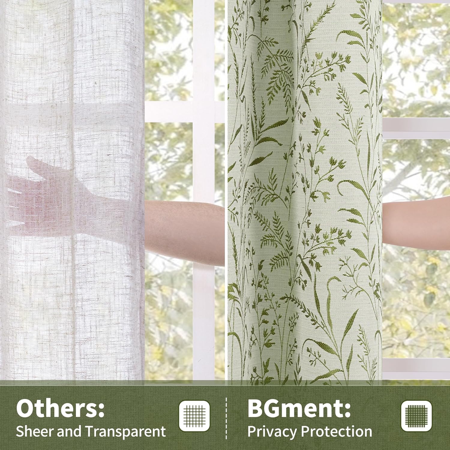 BGment Green Leaf Linen Curtains for Living Room 84 Inch Length, Botanical Branch Floral Patterned Cottage Core Farmhouse Vintage Linen Curtains Light Filtering Window Drapes, 52 x 84 Inch, Sage Green