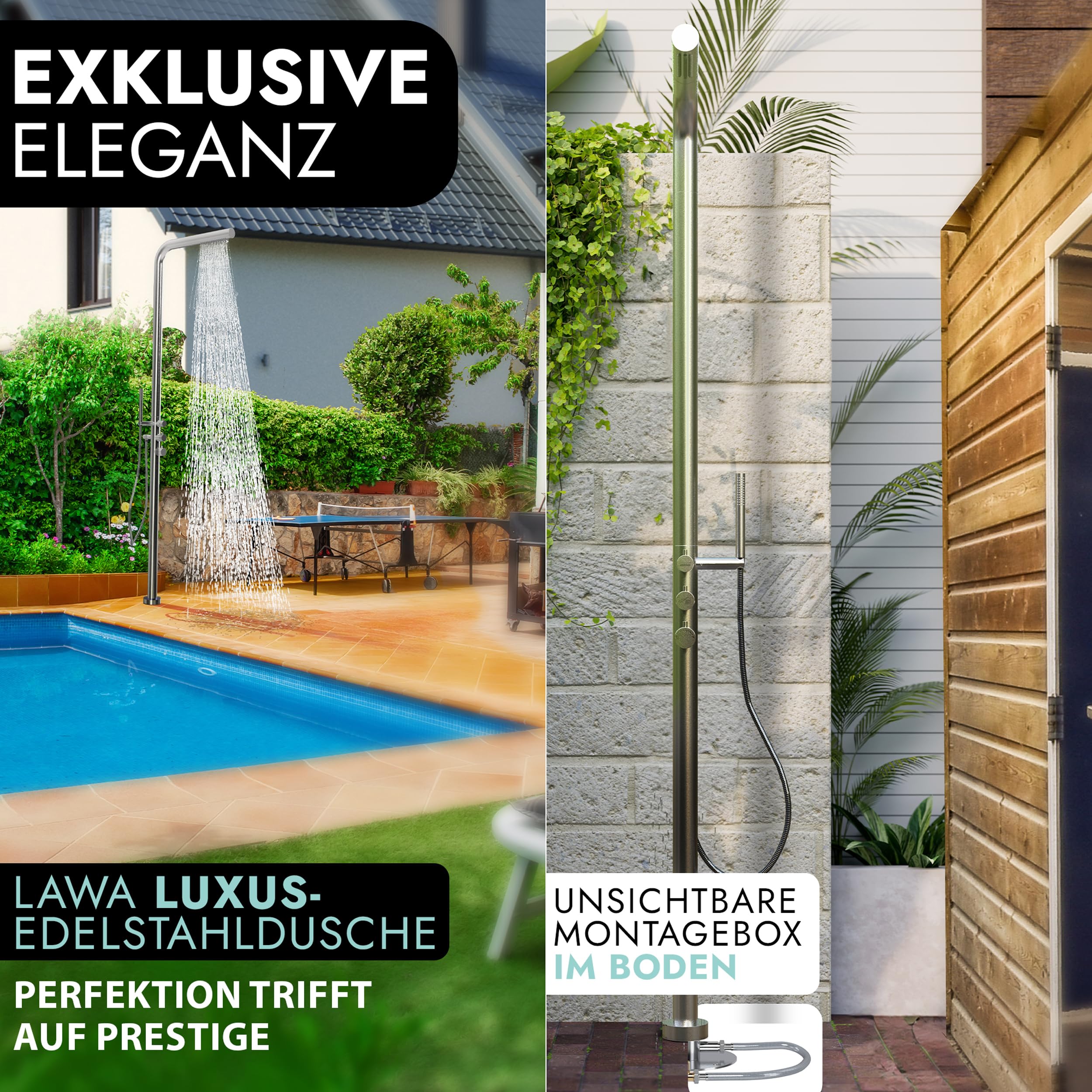 Außendusche Gartendusche V2A 304 Edelstahl Warm Kalt mit Handbrause Sauna Dusche für Warmwasser- Kaltwasseranschluss Pooldusche Garten Aussendusche Schwimmbaddusche