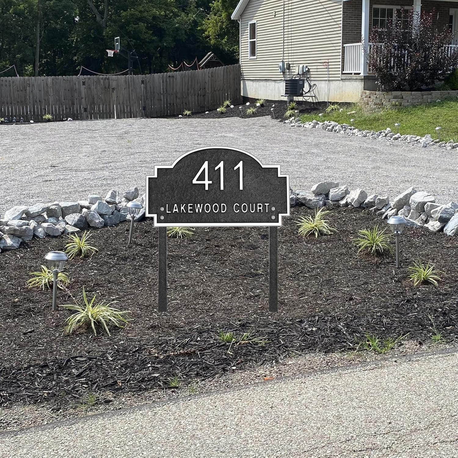 Address Sign LAWN MOUNTED - Custom House Number Sign Plaque,Metal Address Plaque for Lawn Insert,Yard,Garden,Ground,Drive Way,Gate,911 Visibility,Free Standing,with Foots Legs Stakes(Silver)