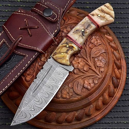 Miniatura 8 de BG Knives Cuchillo de Damasco hecho a mano para desollar de caza, 9.5 pulgadas, cuchillo de camping de hoja fija de acero de Damasco con funda de