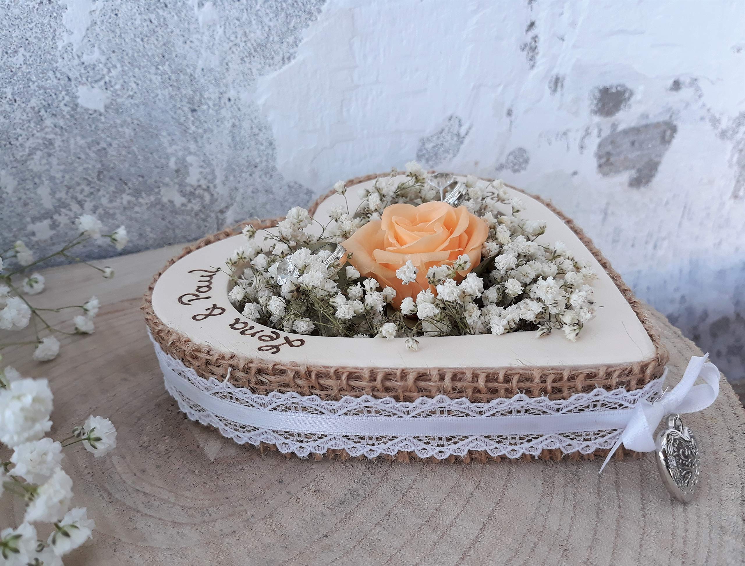 Hochzeit Ringkissen Ringhalter Herz Rose Loveliness apricot für Eheringe mit Namen