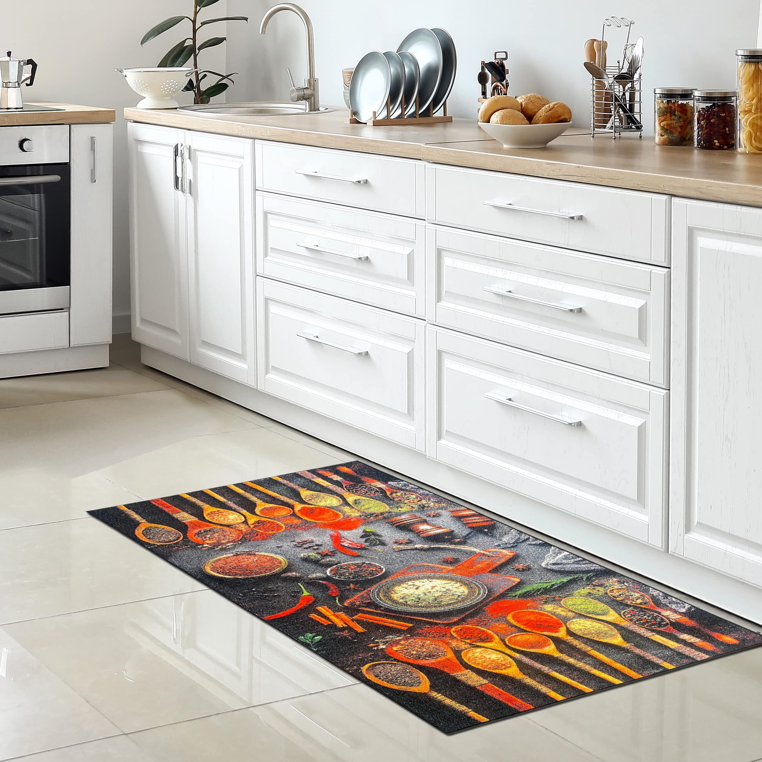 CARPETIA Tapis de Cuisine Coureur pour Cuisine 80 x 150 cm Épices Herbes Bâtons de Cannelle Vaisselle Cuillère antidérapant Lavable