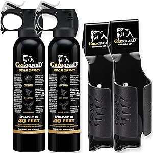 Griz Guard 260GG2 Bear Spray W/Holster 40 ft Range, Max Strength, EPA-Registered Spray for Bears, Mountain Lions, Coyotes, Dogs, & Moose, Outdoor Hiking & Camping Protection, Glow Safety, 9.2oz, 2PK
