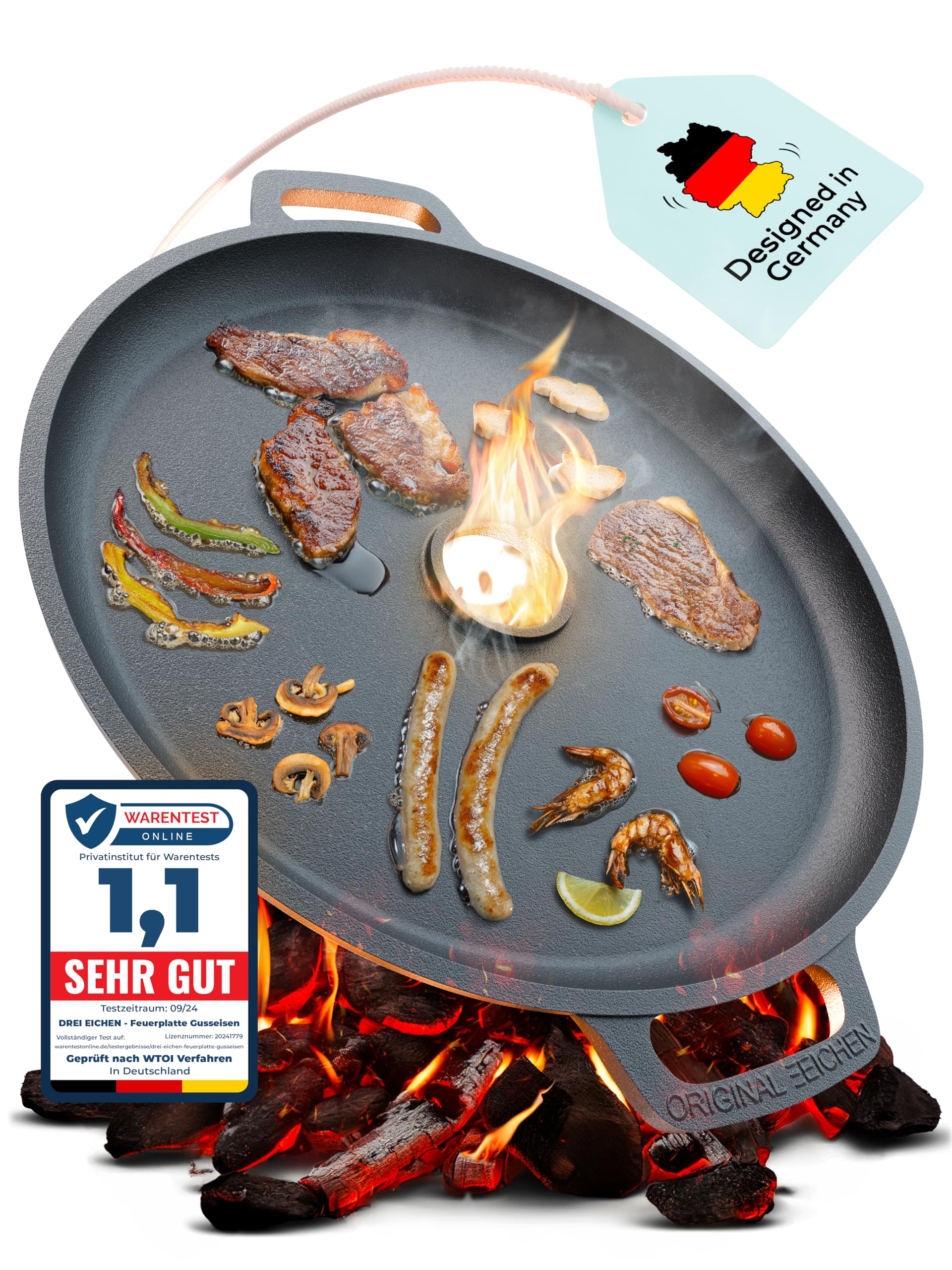 Feuerplatte aus Gusseisen mit Tropfschutz. Ø35cm. Grillplatte Plancha ideal für Raketenofen u.v.m. Outdoor BBQ-Platte mit Tragegriff. Grill Zubehör. Gusseisenpfanne. Stärke 5mm Loch Ø4cm Drei Eichen
