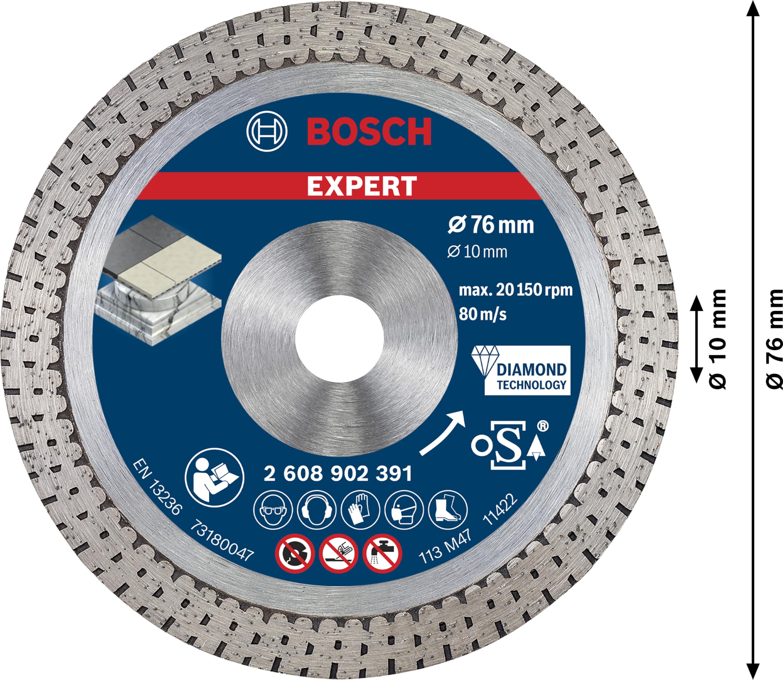 Bosch 1 x Expert Hard Ceramic elmas kesme diski, delik 10 mm (sert fayanslar için, sert taş, çap 76 mm, profesyonel aksesuar, mini açılı taşlama makinesi)