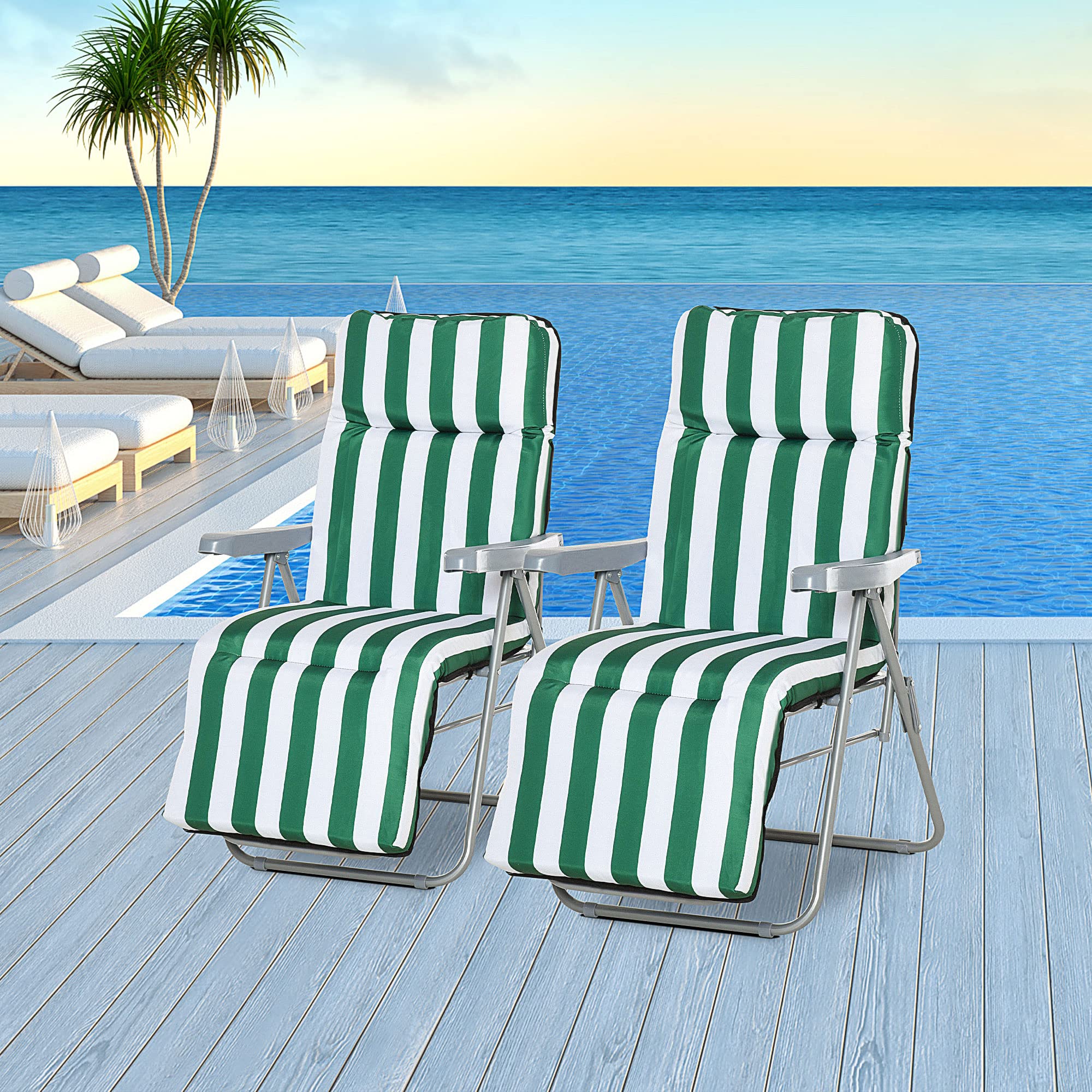 Outsunny Sedia Sdraio da Spiaggia da 2 Pezzi Pieghevole Verde e Bianco | Lettini Prendisole, Sdraio da Giardino, Reclinabile, con Cuscino Imbottito