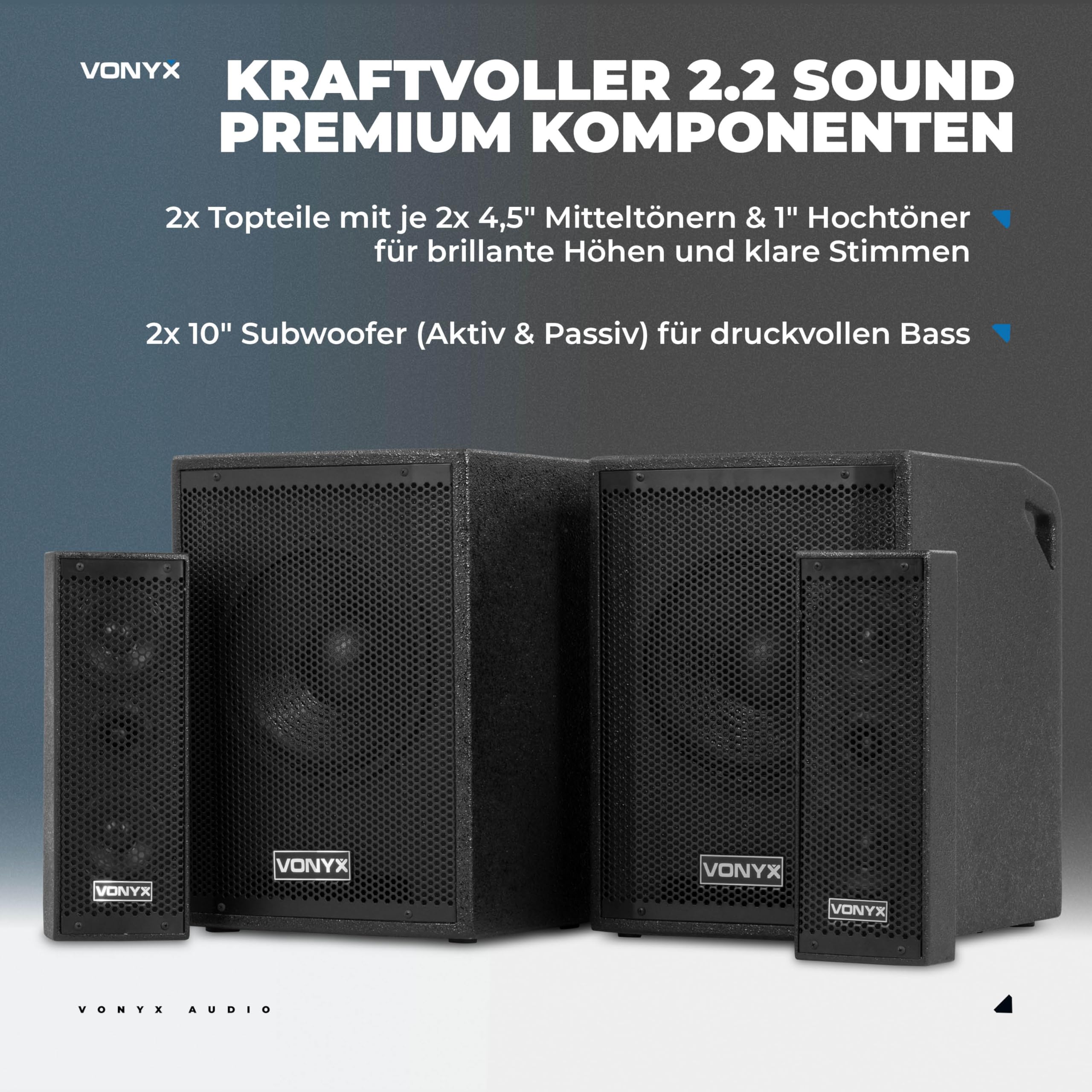 Vonyx VX1020BT - PA Anlage Komplettset 2.2-1050 Watt DJ Set, Musikanlage Bluetooth, 2X 10 Subwoofer, Topteile, Mikrofon, Trolley & Stative – Aktive PA Lautsprecher für Party & Karaoke