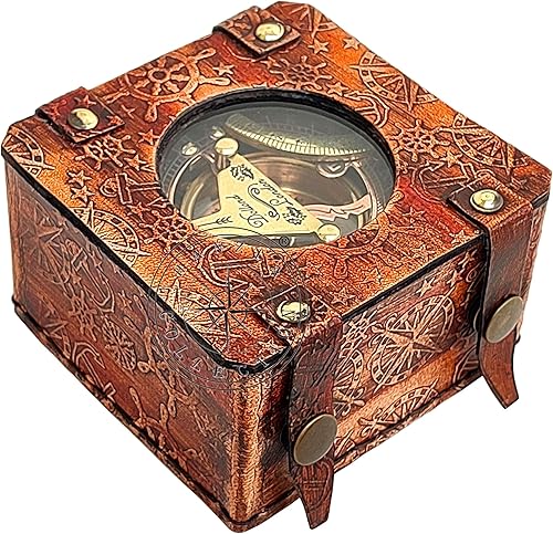 Miniatura 2 de Brújula de reloj de sol de latón pulido y cobre, reloj de sol antiguo, reloj de sol en caja de cuero, regalo de réplica de barco