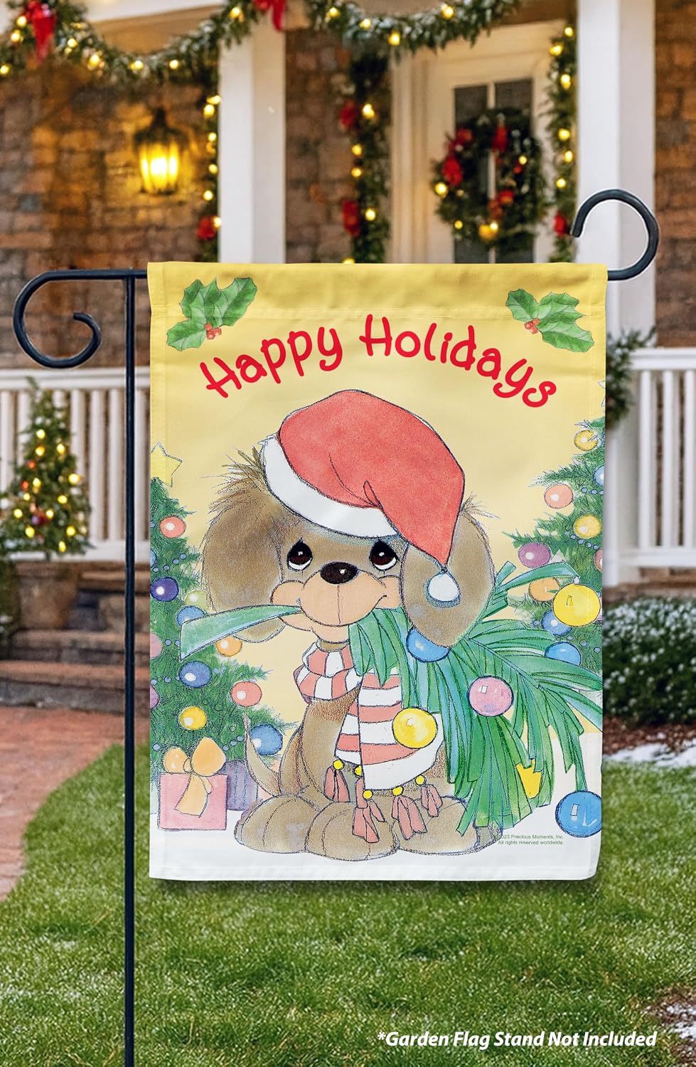 Flagology, Precious Moments Yappy Holiday Dog Christmas Garden Flag 12" x 18", Outdoor Flag, Exclusive Premium Fabric, Officially Licensed, Holiday Outdoor Décor
