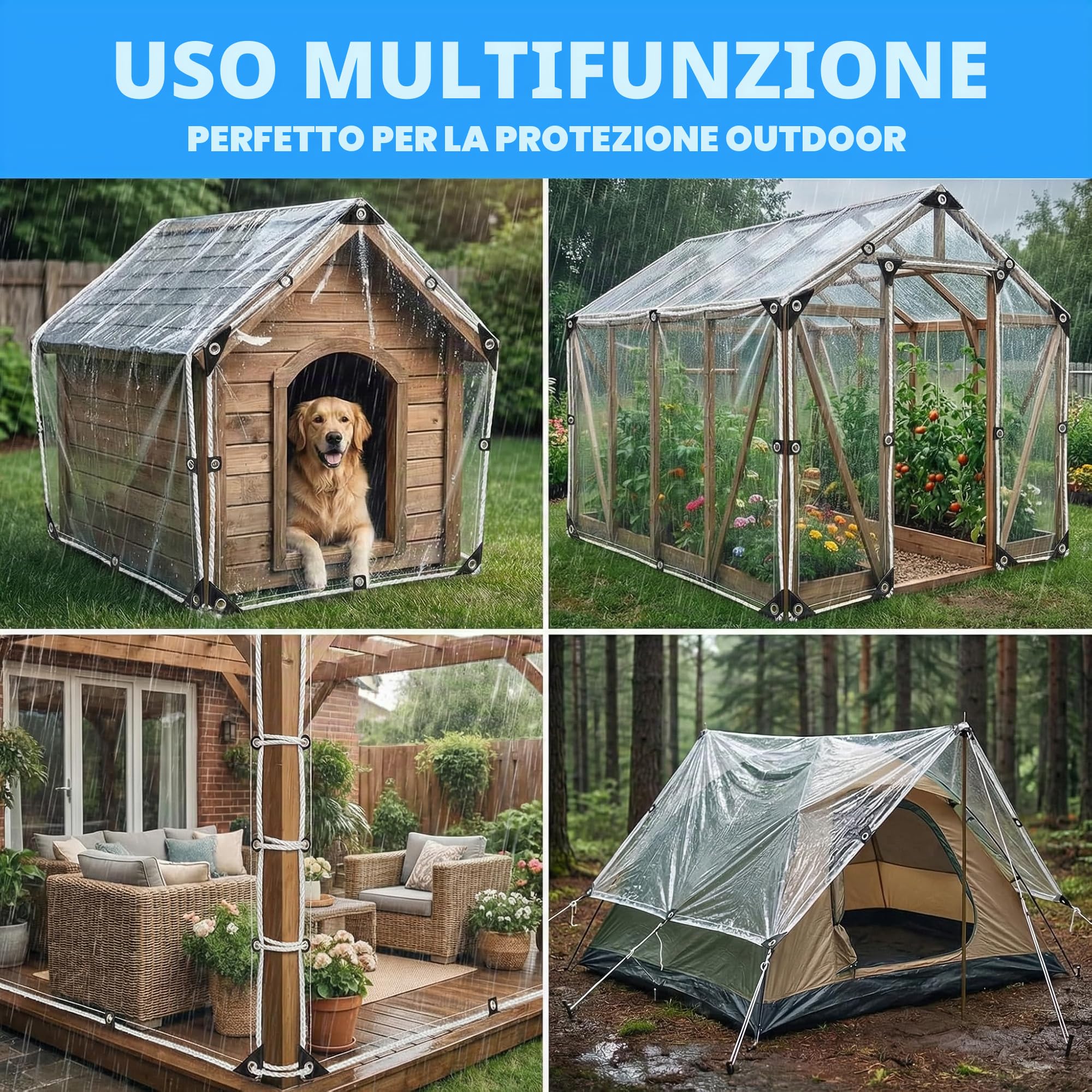 Telone Trasparente Impermeabile 2.4x3 m – PVC 240GSM Resistente UV & Strappo, Occhielli Rinforzati, con Corda, Fascette e Sacchetto – Giardino, Pergola, Pollaio, Campeggio