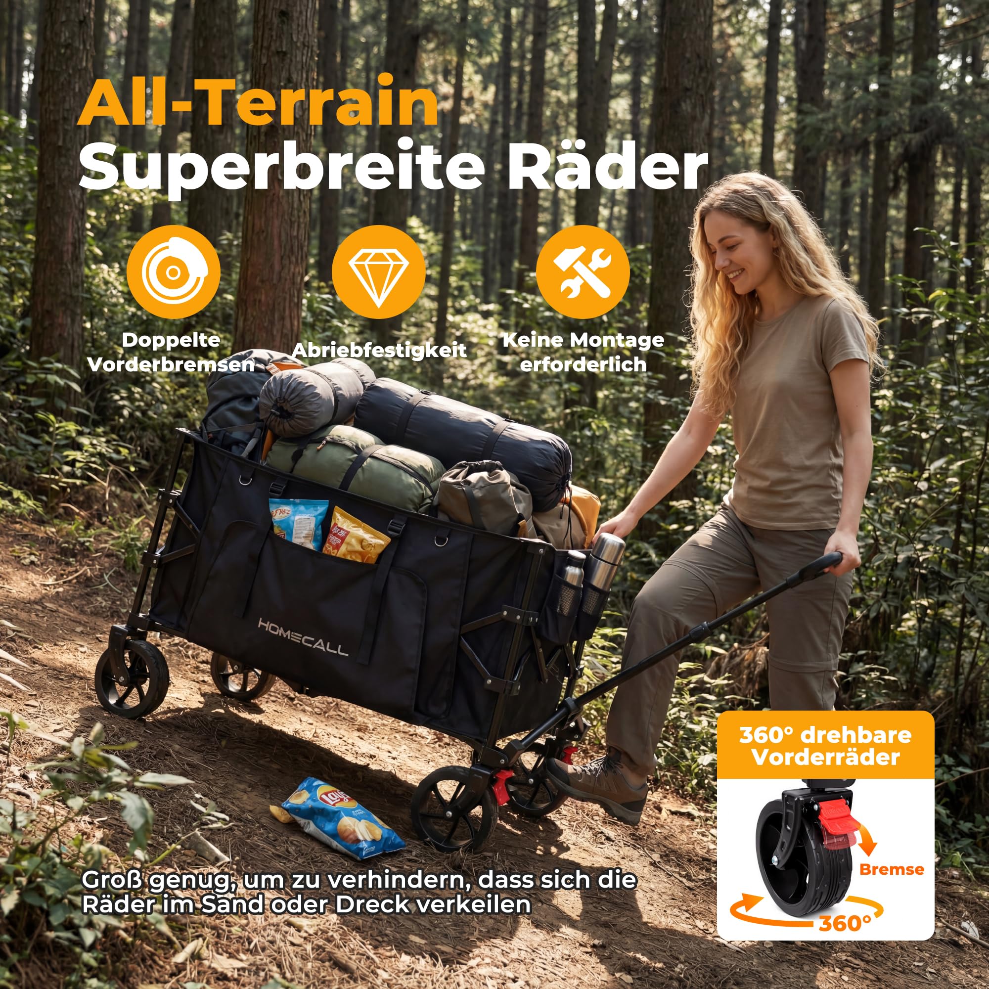 Bollerwagen Faltbar 200L 200KG Belastbar, Strandwagen Klappbar mit Regenschutz, Reflektorstreifen, Bremsen; Breite Reifen All Terrain Faltbarer Strandwagen Für Camping, Strand, Outdoor