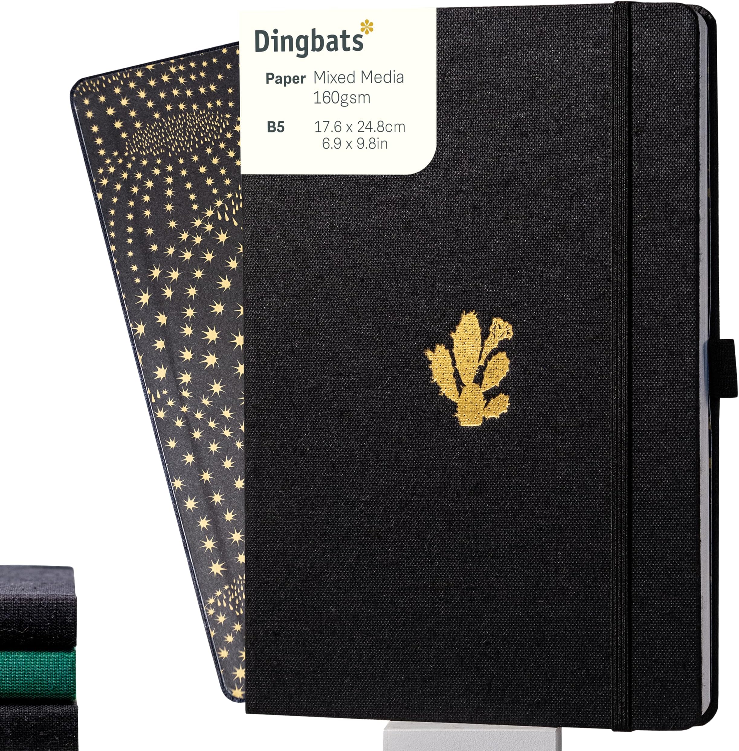 Dingbats* - Pro B5 Dotted Large Notebook - Black Textile Cover, Thread-Bound Journal - For Work, Travel -Pocket, Elastic Closure, Pen Holder, Bookmark