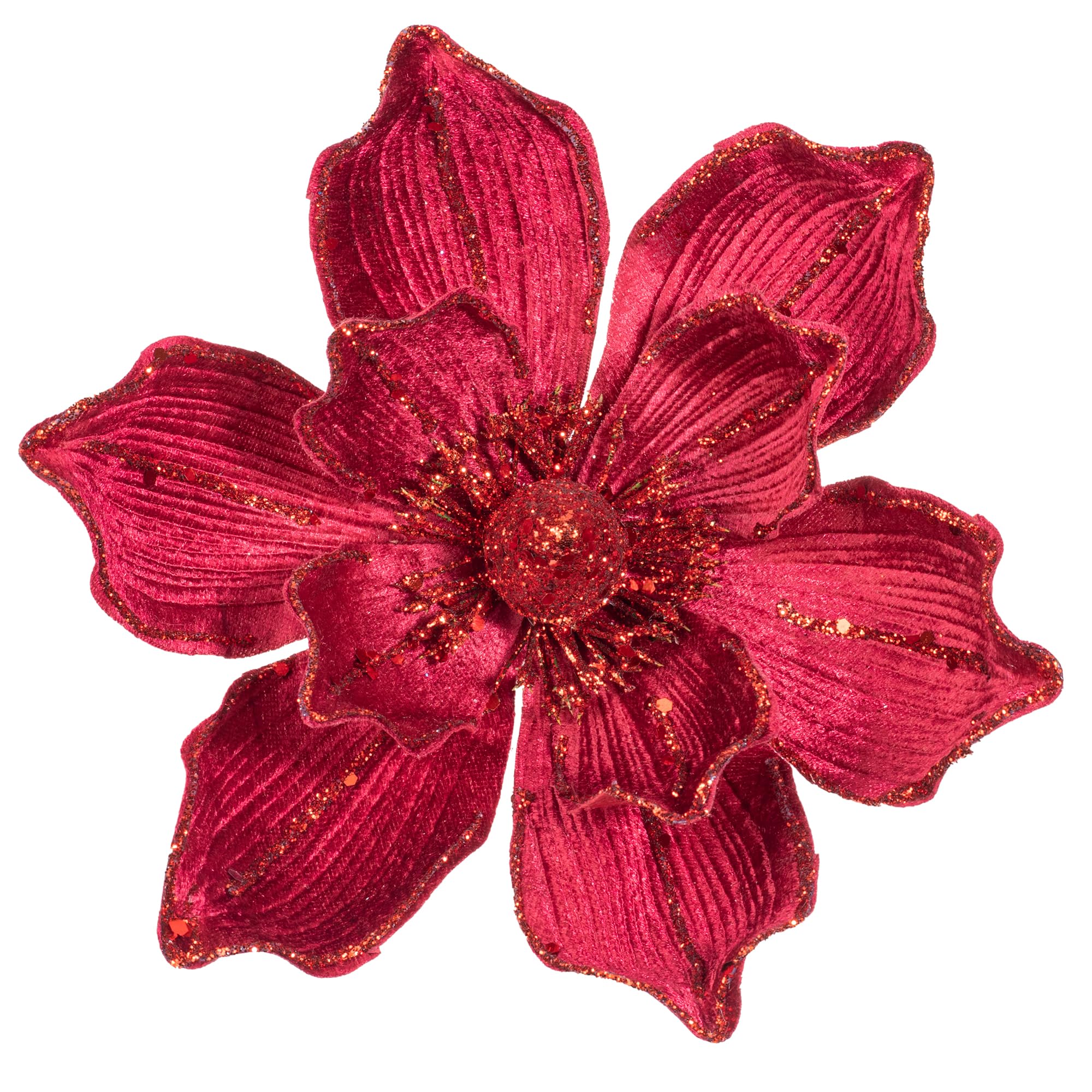 KI Store Deep Red Velvet Magnolia Flowers Set of 6 Artificial Christmas Poinsettia Floral Picks Stems for Xmas Tree Wreath Garland Centerpiece Decorations