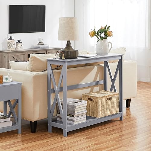 Miniatura 12 de Yaheetech 2 hileras X Diseño Pasillo Grande mesa consola para entrada con estante de almacenamiento, mueble para sala de entrada (Negro) Negro