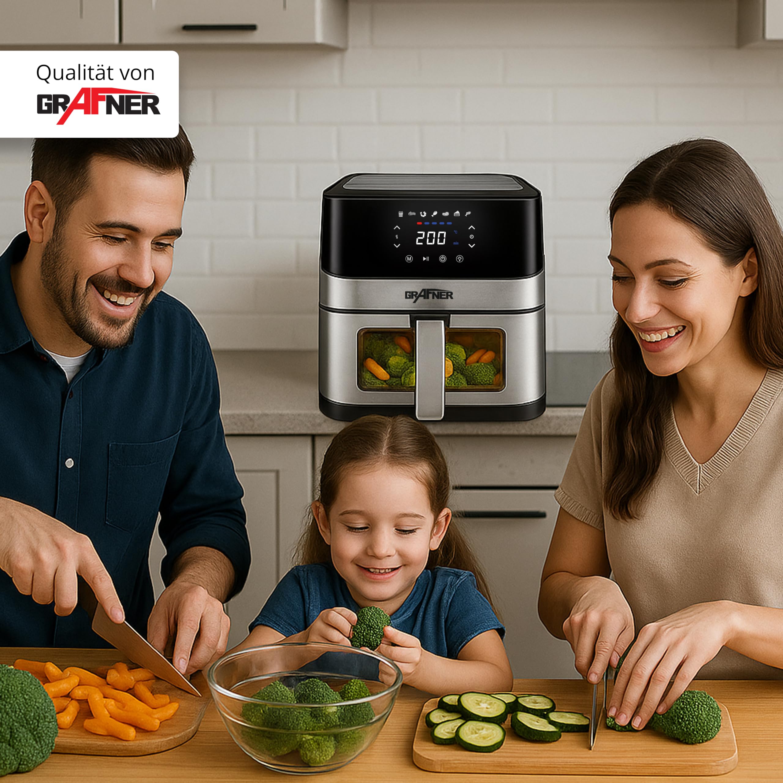 Grafner XXL Digitale Heißluftfritteuse 8 L, 100x Backpapier, LED Touchscreen, 7 Programme, 1800 Watt, Sichtfenster, Antihaft-Beschichtung, Fritteuse ohne Fett ölfrei, Edelstahl Air Fryer Friteuse