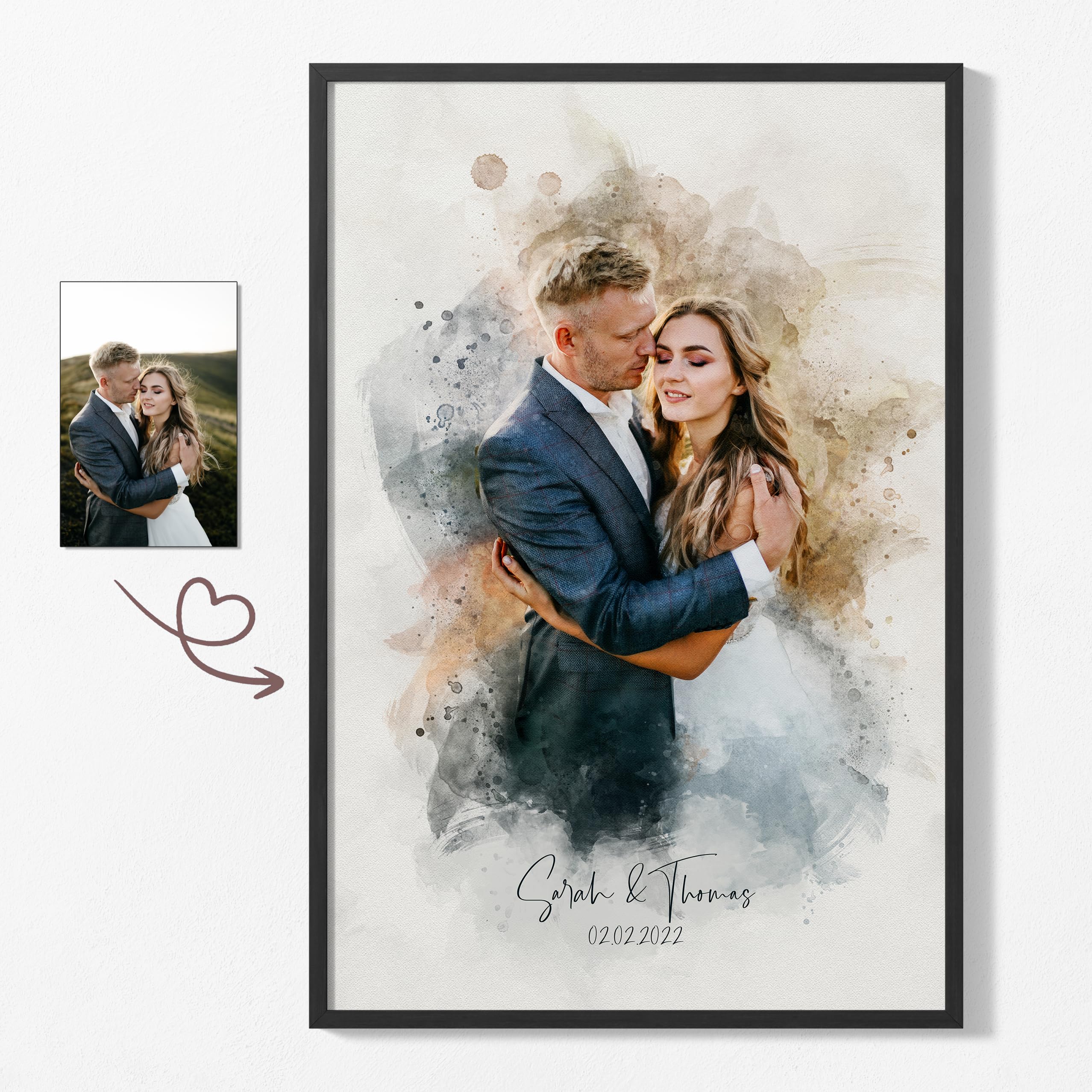 SOMEDA® Votre photo en aquarelle – portrait personnalisé, cadeau unique, disponible en poster, toile ou tableau encadré – fait main & sur mesure