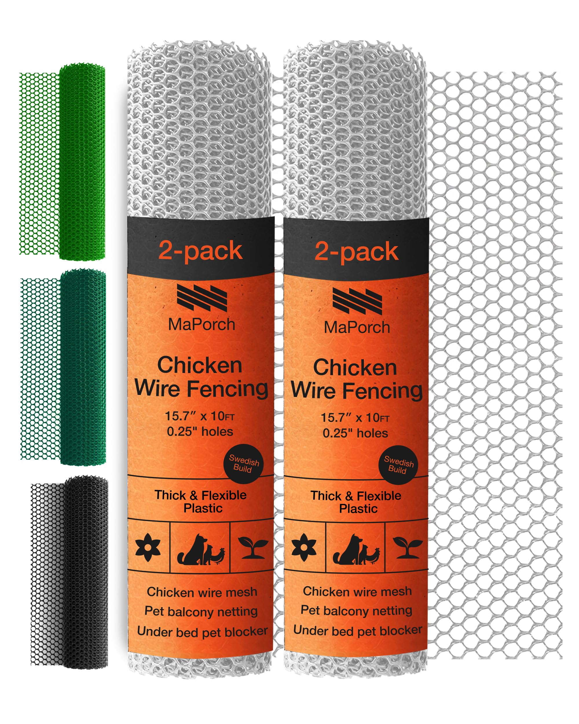 maporch plastic chicken wire mesh fence - white mesh, 15.7 in x 10 ft, 2-pack - quick-install chicken wire fencing - plant protectors from animals - durable garden netting - pet & poultry netting