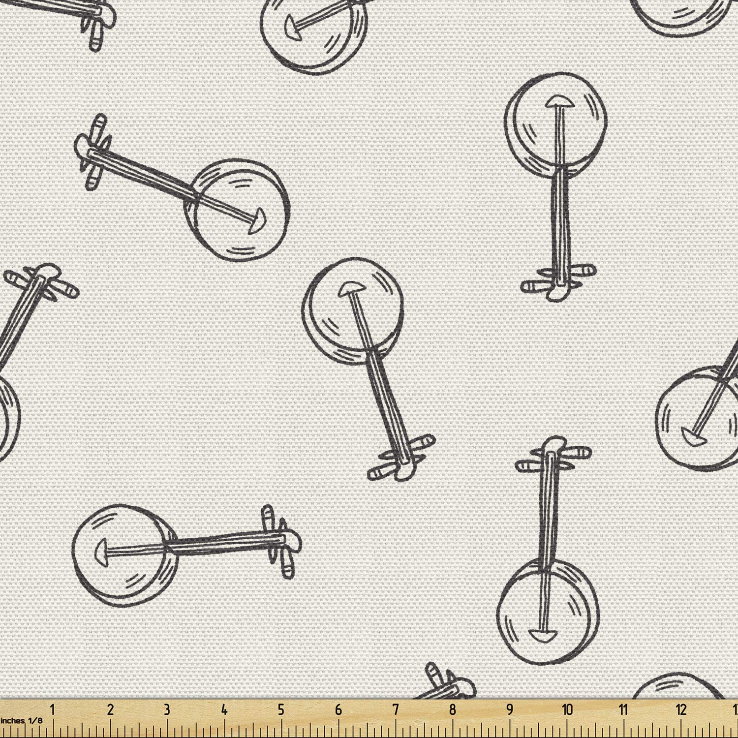 Lunarable Country Fabric by The Yard, Pencil Hand-Drawn Vintage Banjo Traditional Folk Music Illustration, Decorative Fabric for Upholstery and Home Accents, 3 Yards, Eggshell Black