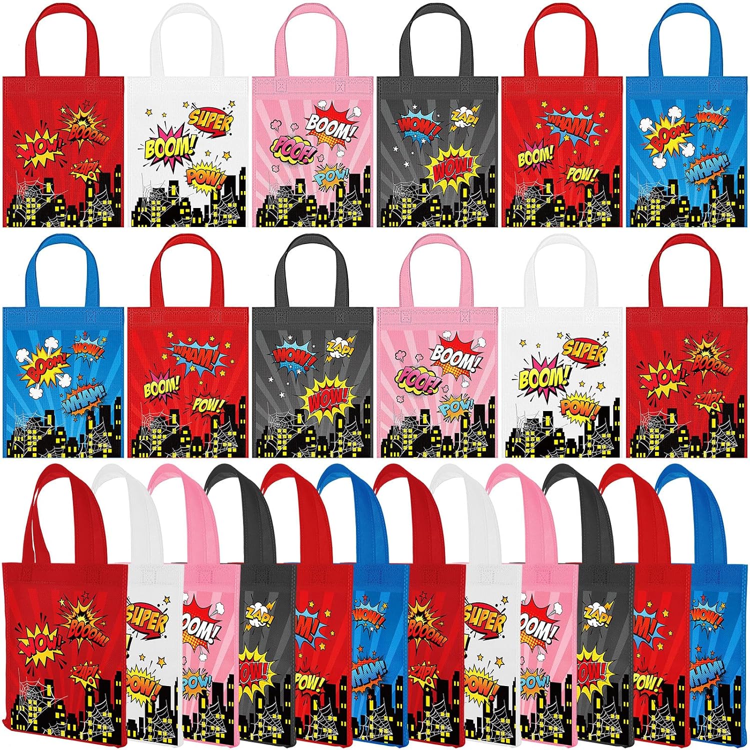 Teenyyou 24 Pcs Hero Goodie Bags Non Woven Spiderweb Party Favors Candy Treat Tote Gift Bags with Handle Reusable for Birthday Party Supplies Baby Shower Kids Adult, 6 Styles(Hero)