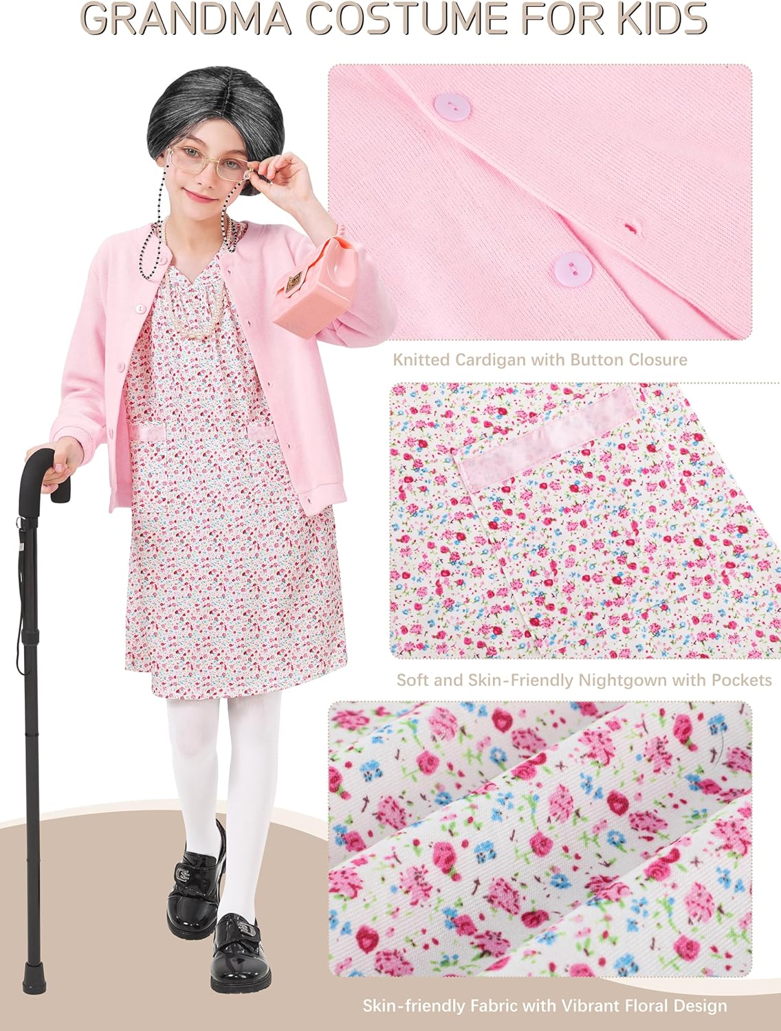 8 Pcs 100 Days of School Costume for Girls, Old Lady Costume for Kids Grandma Wig Dress Granny Nightgown Accessories - Image 2