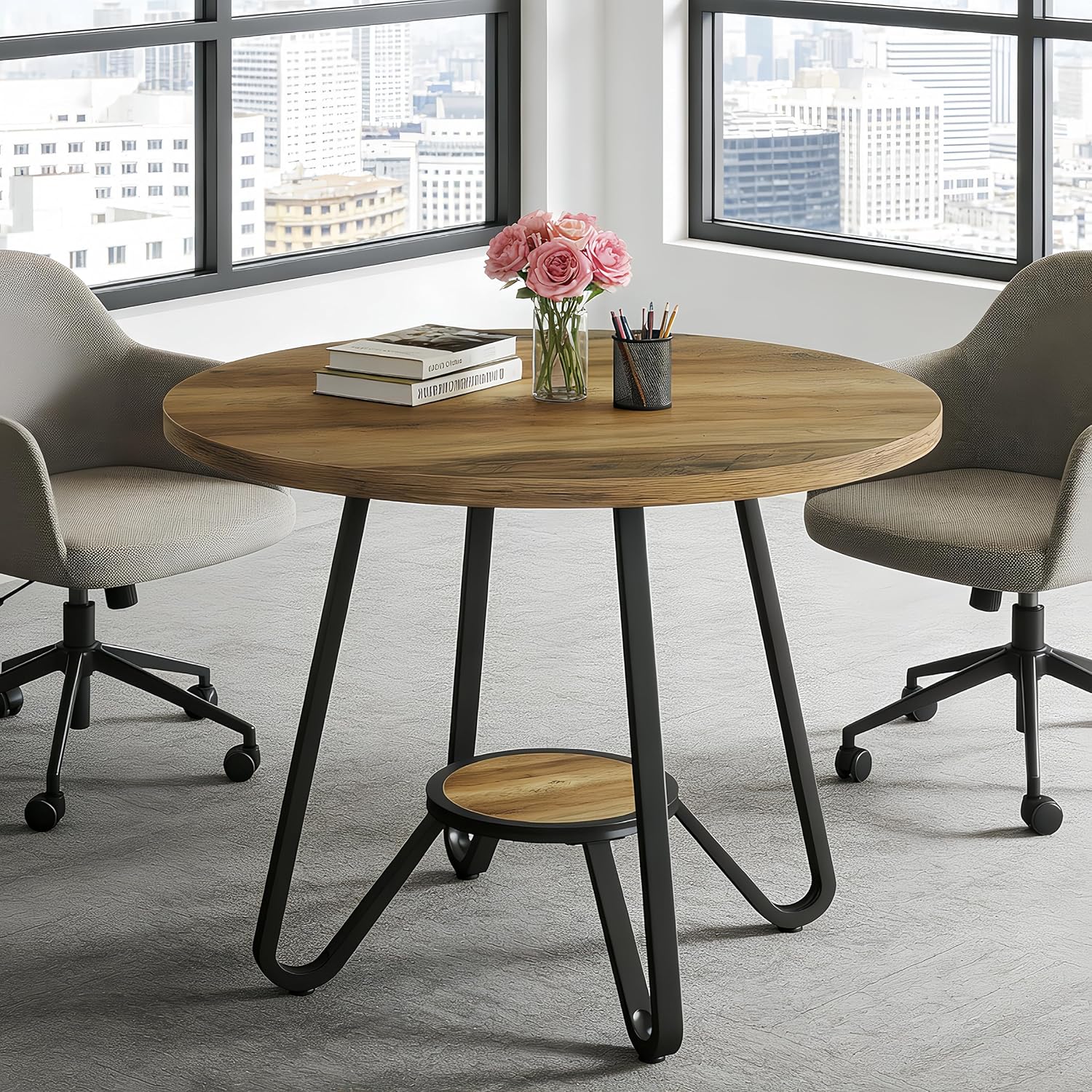 Tribesigns 31.5" Round Wooden Conference Table, Small Meeting Table for 4 People, Compact Office Table for Small Spaces, 31.5" W x 31.5" D x 29.5" H