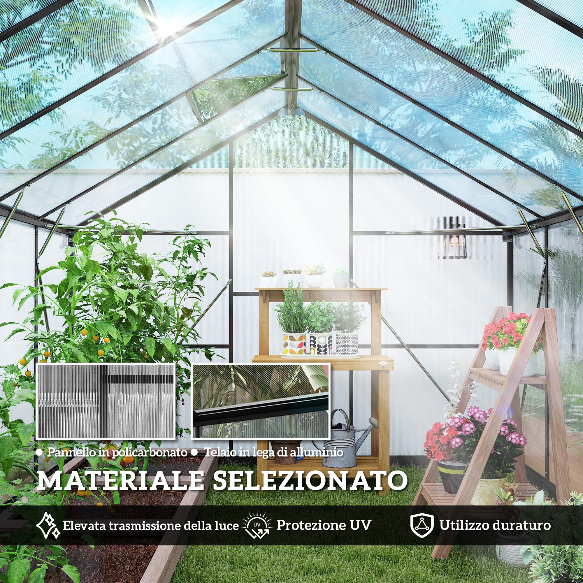 Outsunny Serra da Giardino Policarbonato con Grondaie 304x247x205cm Nero | 7.5㎡, Telaio in Lega di Alluminio, Serra per Orto, 2 Finestre a Tetto Regolabili, Porta a Battente, Anti UV, per Piante