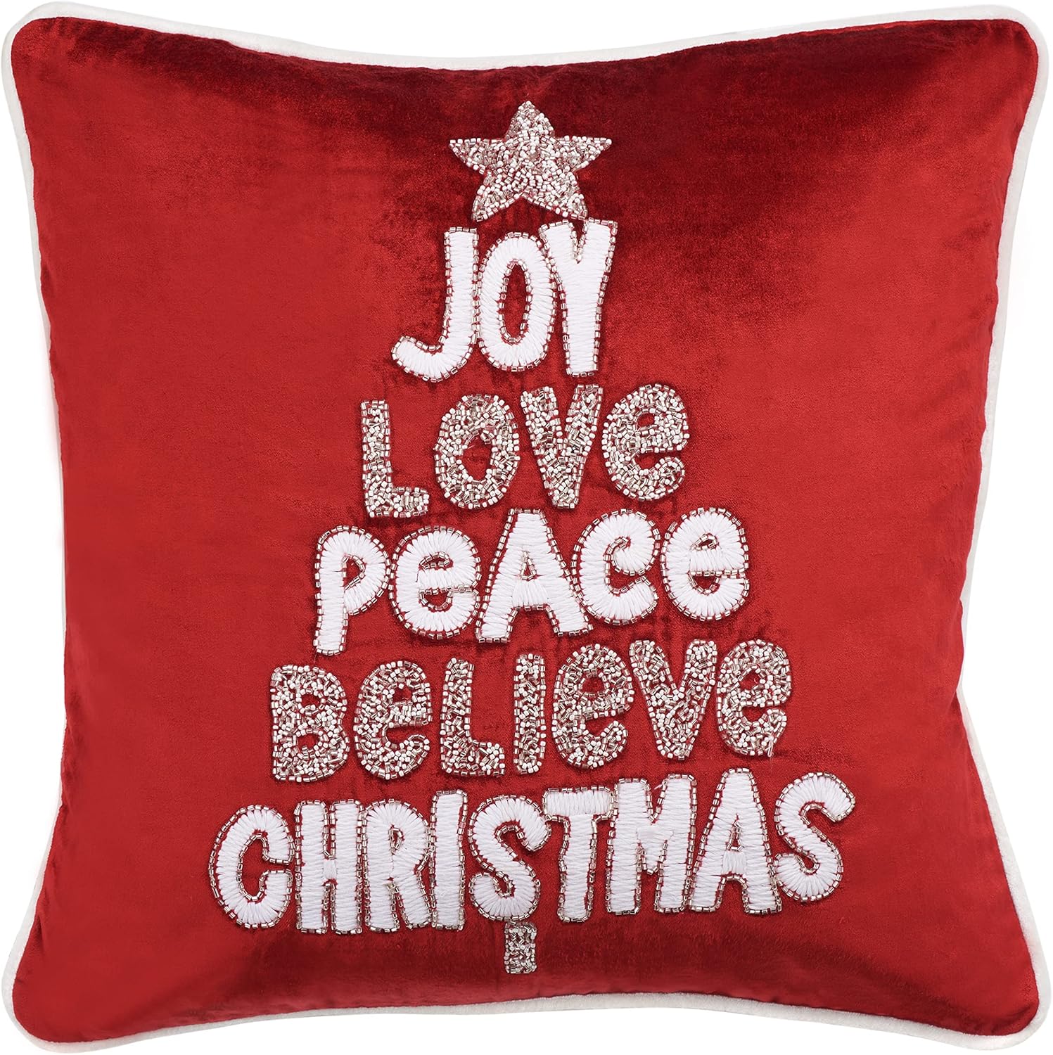 SAFAVIEH Home Collection Peace and Joy Christmas Red/White Beaded 20-inch Square Decorative Accent Throw Pillow with Insert