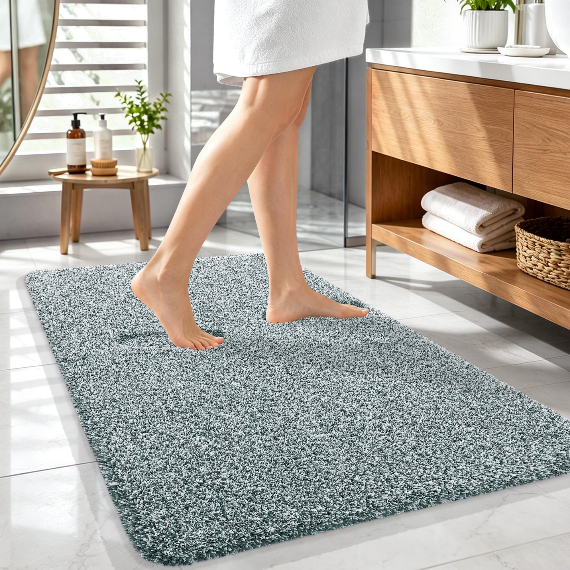 OLANLY Microfiber Soft Bathroom Rugs Mats 44x32, Blackish Green and White