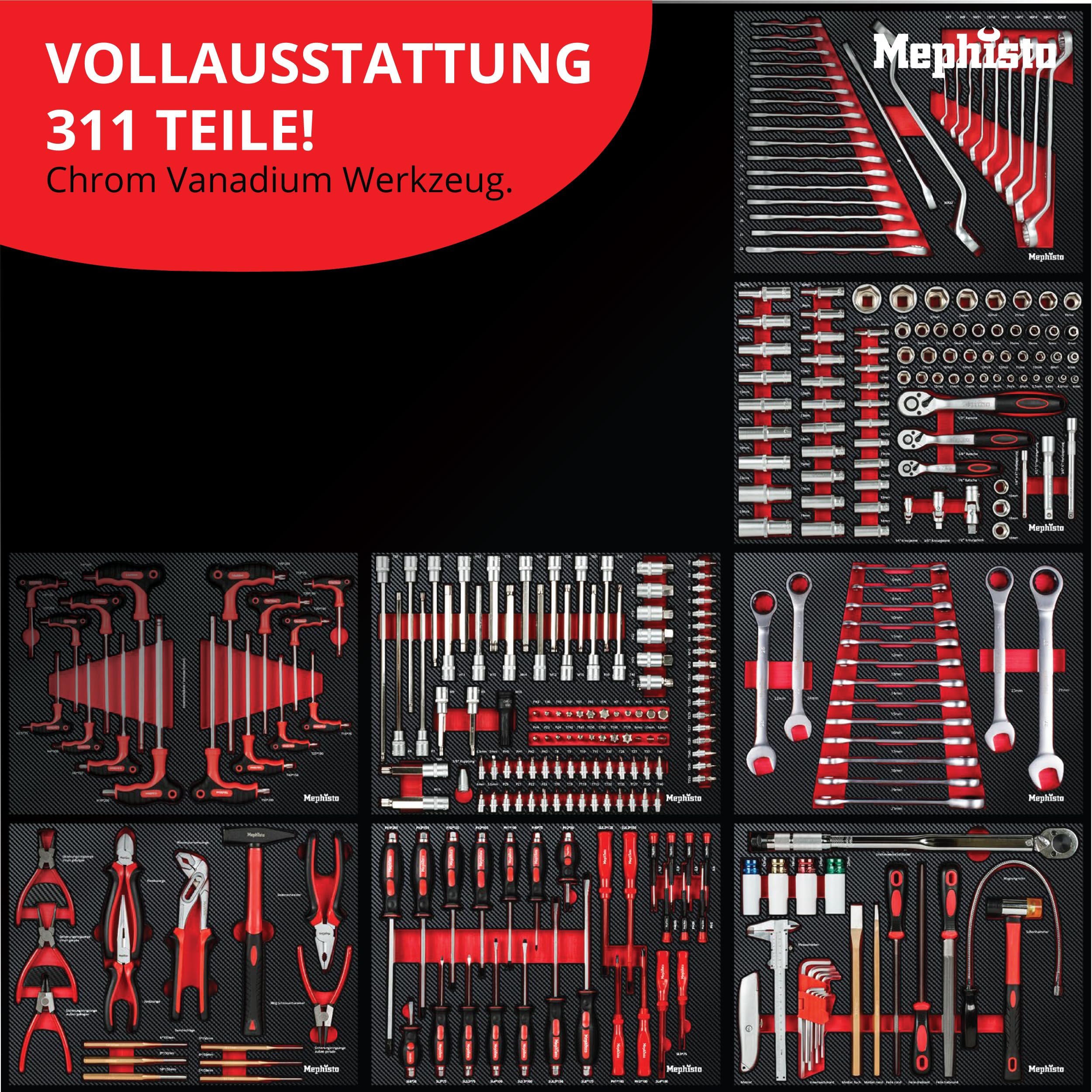 Mephisto XXL Carrello degli attrezzi 7 cassetti inserti morbidi carbonio set chiavi a brugola