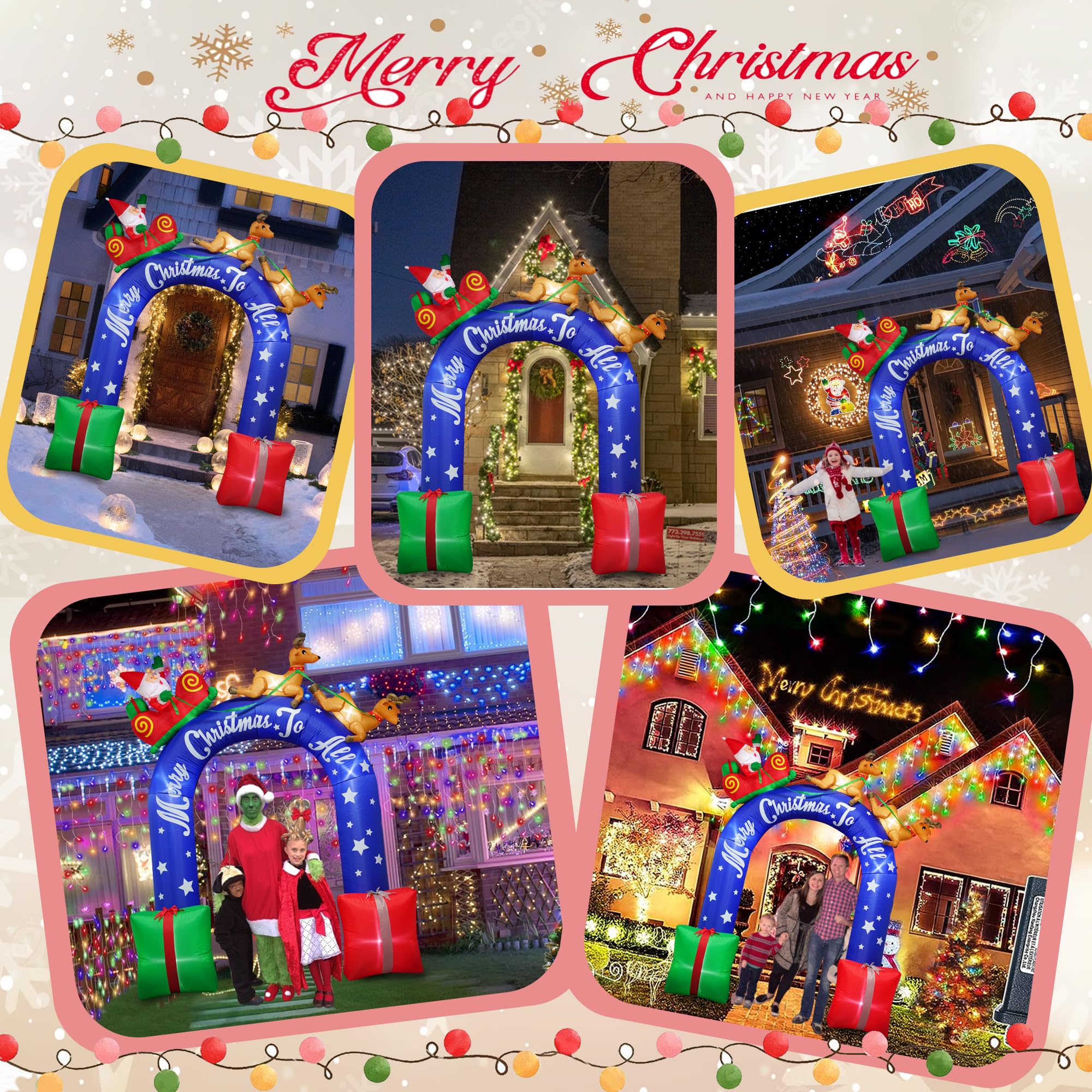 Babbo Natale gonfiabile alto 2,7 m che cavalca una renna con foglio, decorazione esterna, arco natalizio con regali, W-CL2250-270