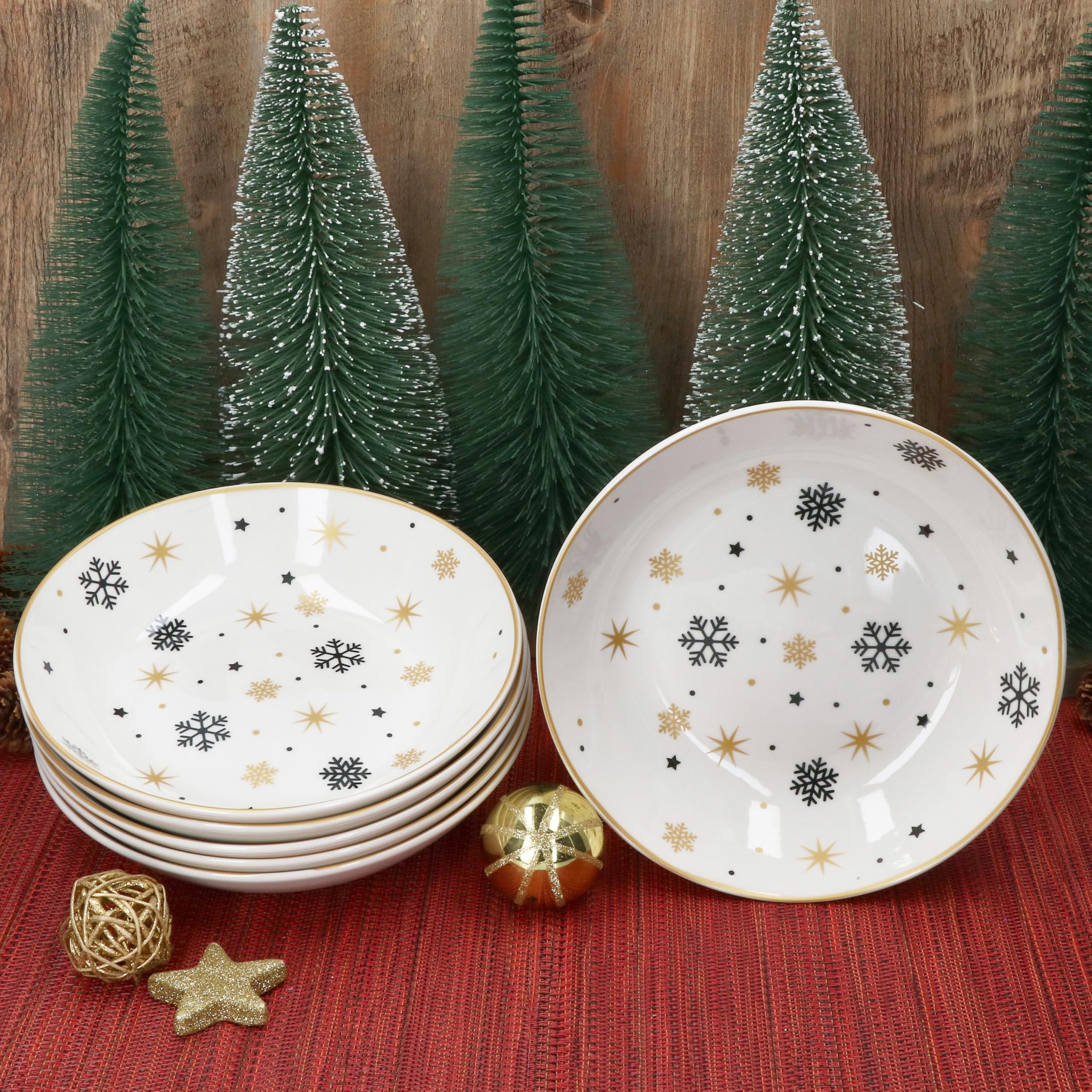 Service De Table 12 Pièces MamboCat Stars – 6 Assiettes Plates + 6 Creuses (500 Ml) – Faïence, Motif étoiles/flocons Noir Et Or – Pour Noël, Fêtes