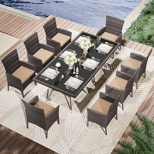 Miniatura 15 de Kullavik Juego de 15 muebles de comedor para exteriores, juego de muebles de ratán para patio, mesa de comedor y sillas con 12 sillas y cojines,