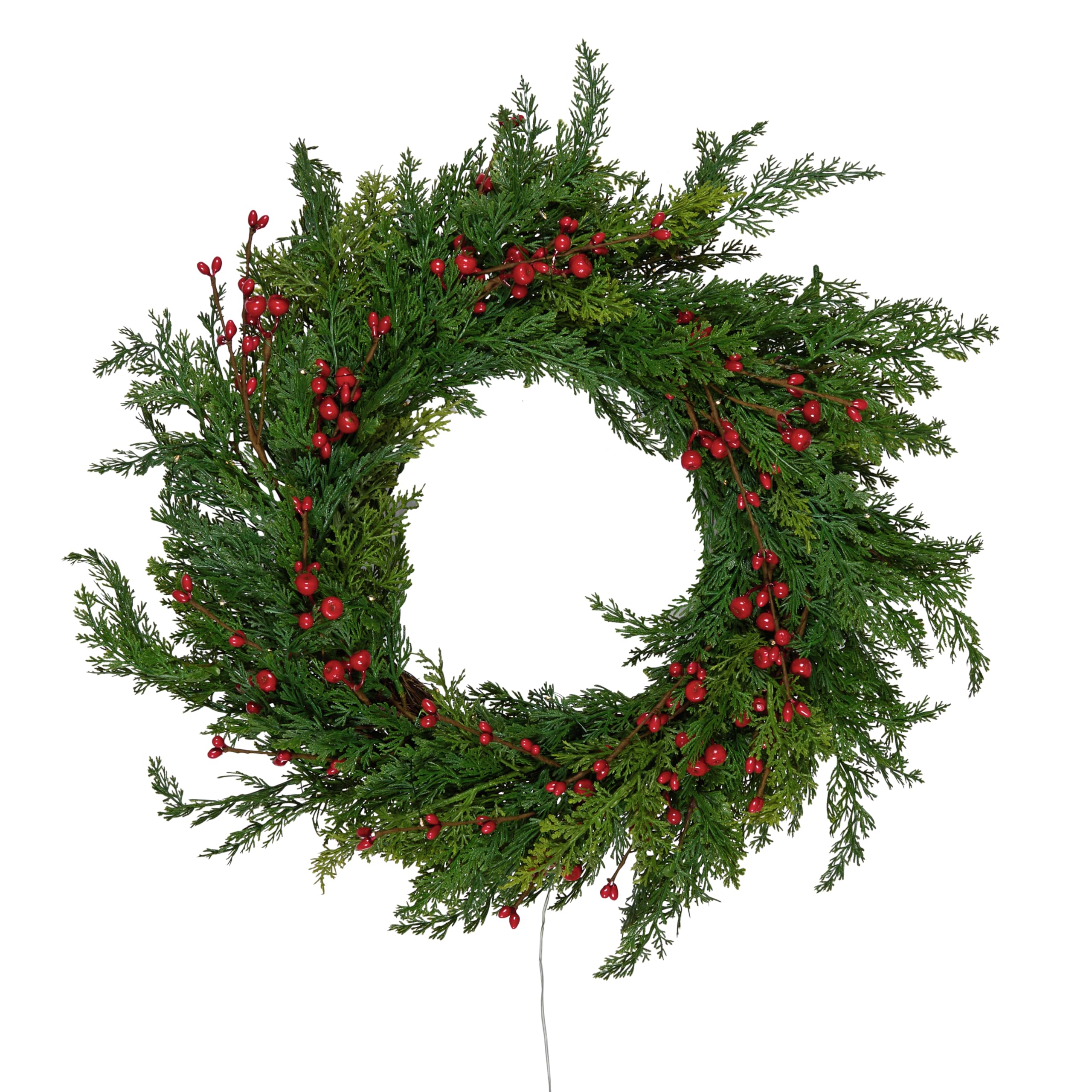 Lights4fun Beleuchteter Türkranz mit künstlichem Tannengrün & roten Beeren | mit 50 warmweißen LEDs | batteriebetrieben & mit Timer | Weihnachten Winter | ø 50 cm | grün/rot