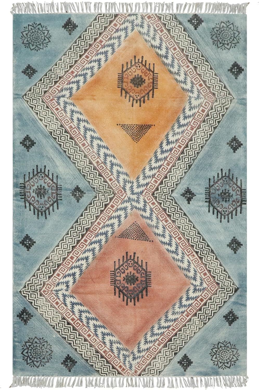 Kilim Runner 6x12 Hand Block Printed Cotton Runner Indoor Outdoor Rug Stone Washable Thick 0.19" Hand Surface Wash Black & Multicolor Flatweave Rugs for Hallway,Staircases,Corridor