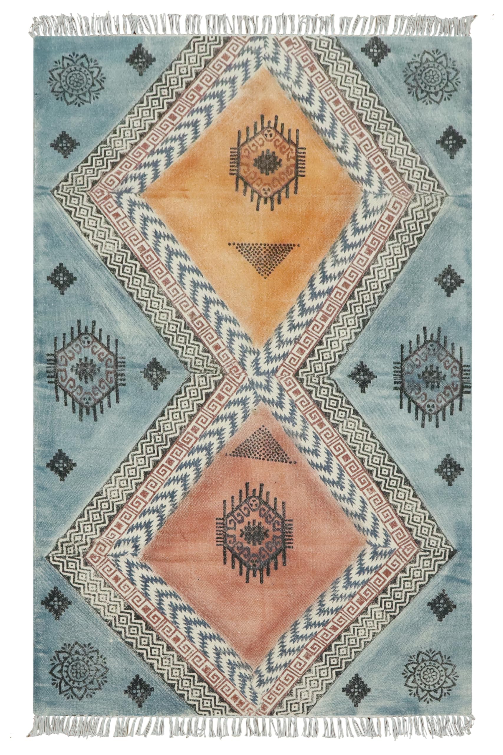 Kelim Läufer, 6,6 x 50,8 cm, handbedruckter Baumwoll-Läufer, für drinnen und draußen, waschbar, dick, 0,5 cm, Handwäsche, Schwarz und mehrfarbig, Flachgewebe, Teppiche für Flur,