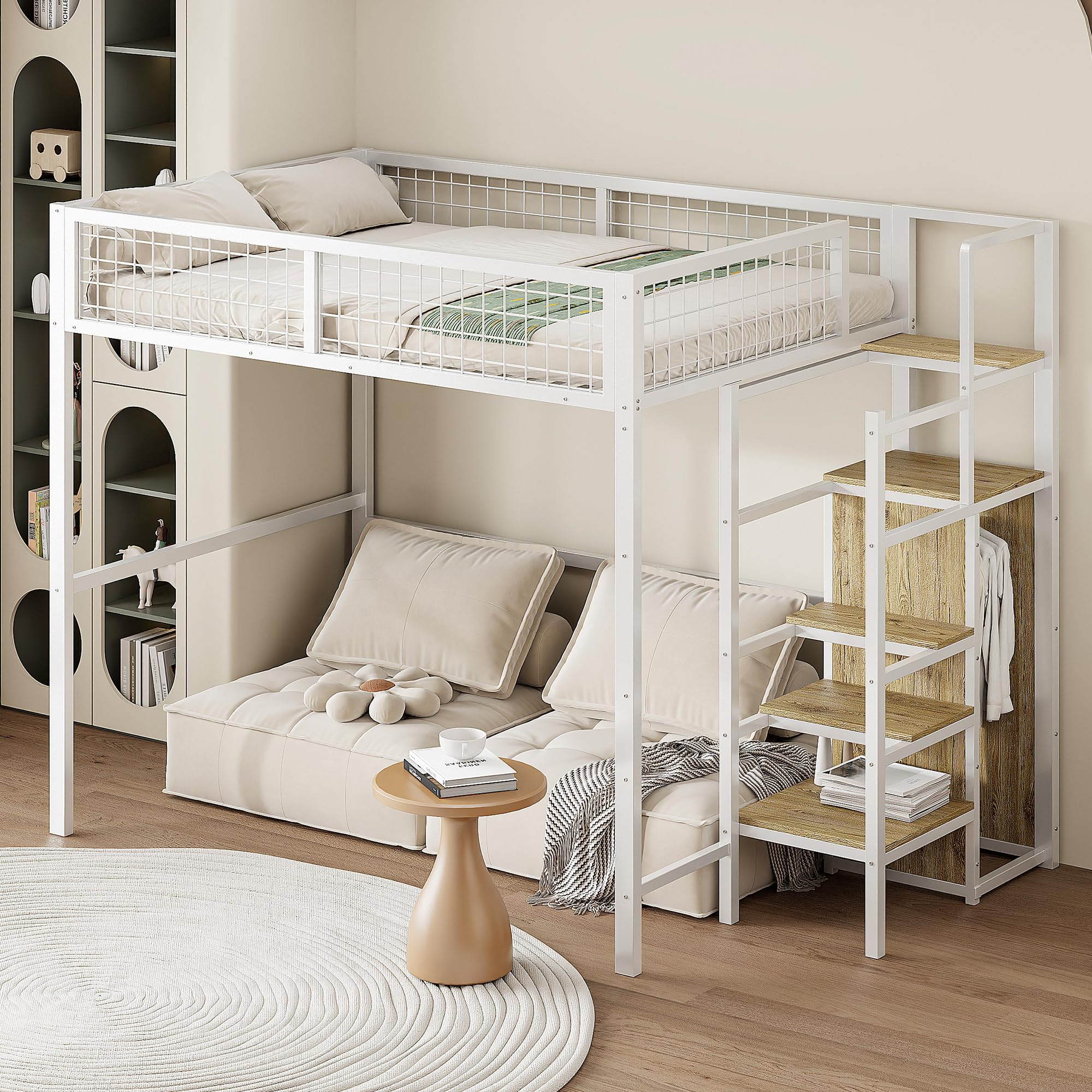 Moimhear Letto a soppalco 140 x 200 cm con scala, lettino con telaio in ferro e scaffalatura, armadio (bianco