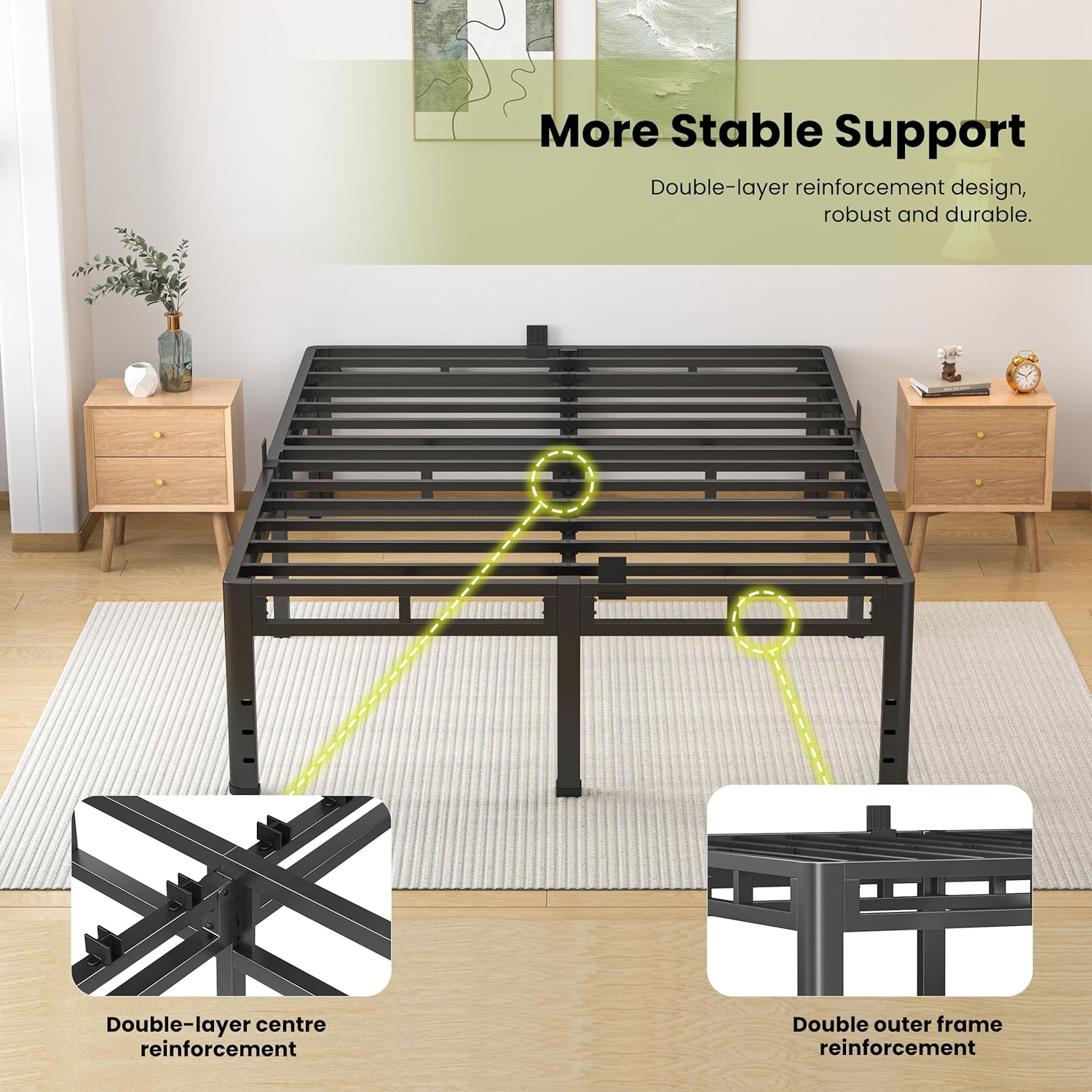 NKZ Queen Size Bed Frame 20 Inch, Metal Bed Frame & Box Spring 2 in 1 Platform with Round Corner Legs, 4000lbs Weight Capacity Reinforced Metal Frame, Headboard Hole, Noise-Free, Easy Assembly