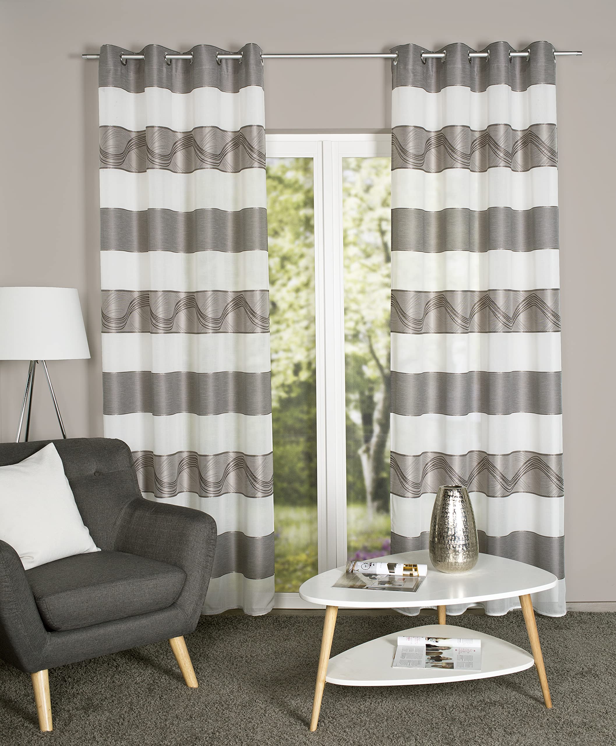 Home WOHNIDEEN SUSA Opaque Eyelet Curtain with 8 Metal Eyelets Horizontal Stripes 245 x 140 cm Pack of 1