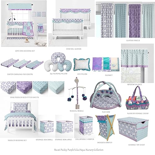 Miniatura 4 de Bacati - Cuna de percal 100% algodón con estampado floral de cachemira, falda con volantes (aguamarina, lilamorado, 3 capas de niveles)