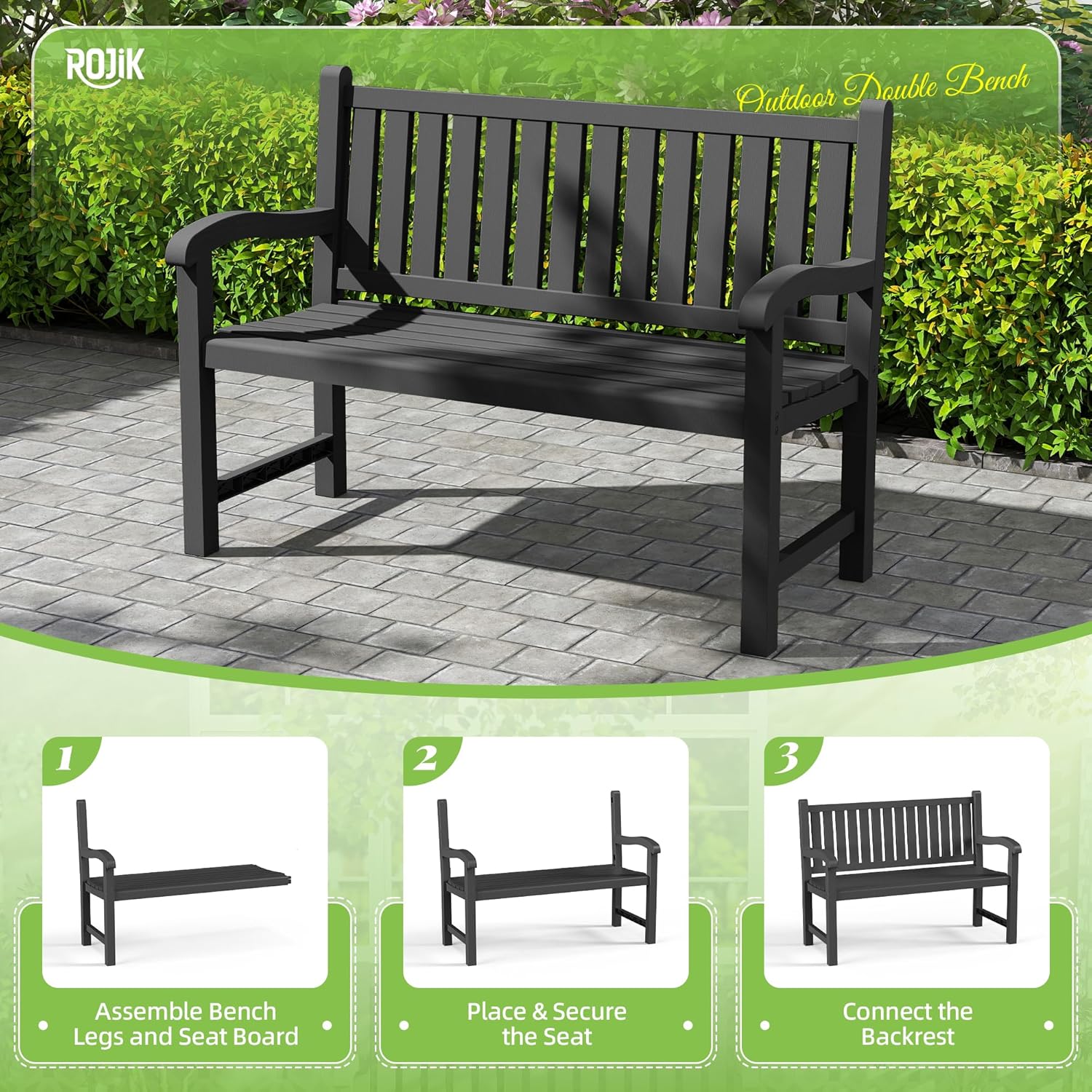 ROJIK Outdoor Bench Resin Patio Chairs Waterproof 2-Person Slatted Chairs with Sturdy Frame, Comfortable Seating for Garden Backyard Porch and Park(Black)