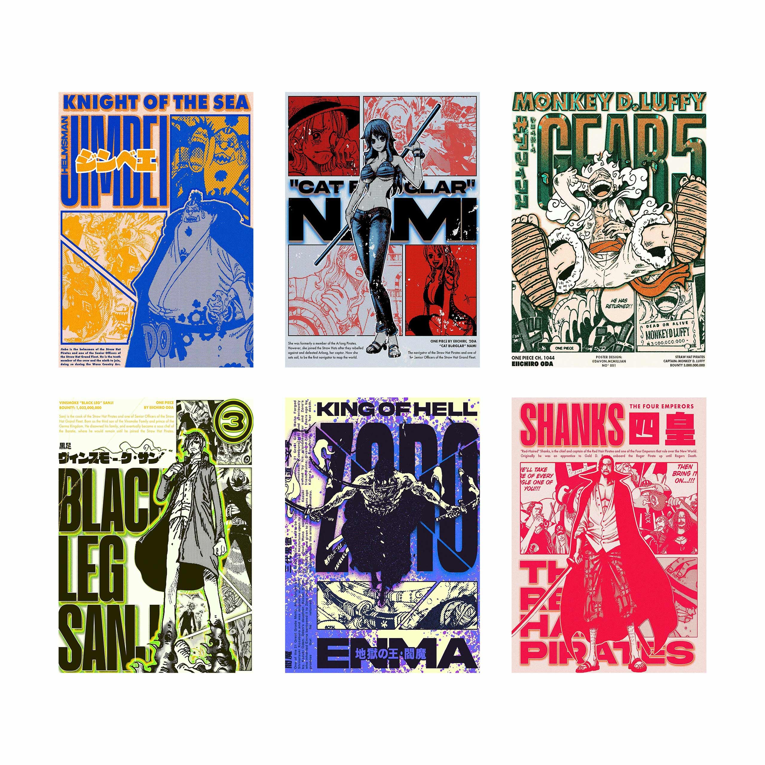 CodersParadise One Piece Anime Wall Posters | 8x12 Inch (A4) Premium Luffy, Zoro, Nami & Shanks Prints, Thick Cardstock | Wall Art for Bedroom, Living Room & Office, Glue Dots Included (Pack of 6)