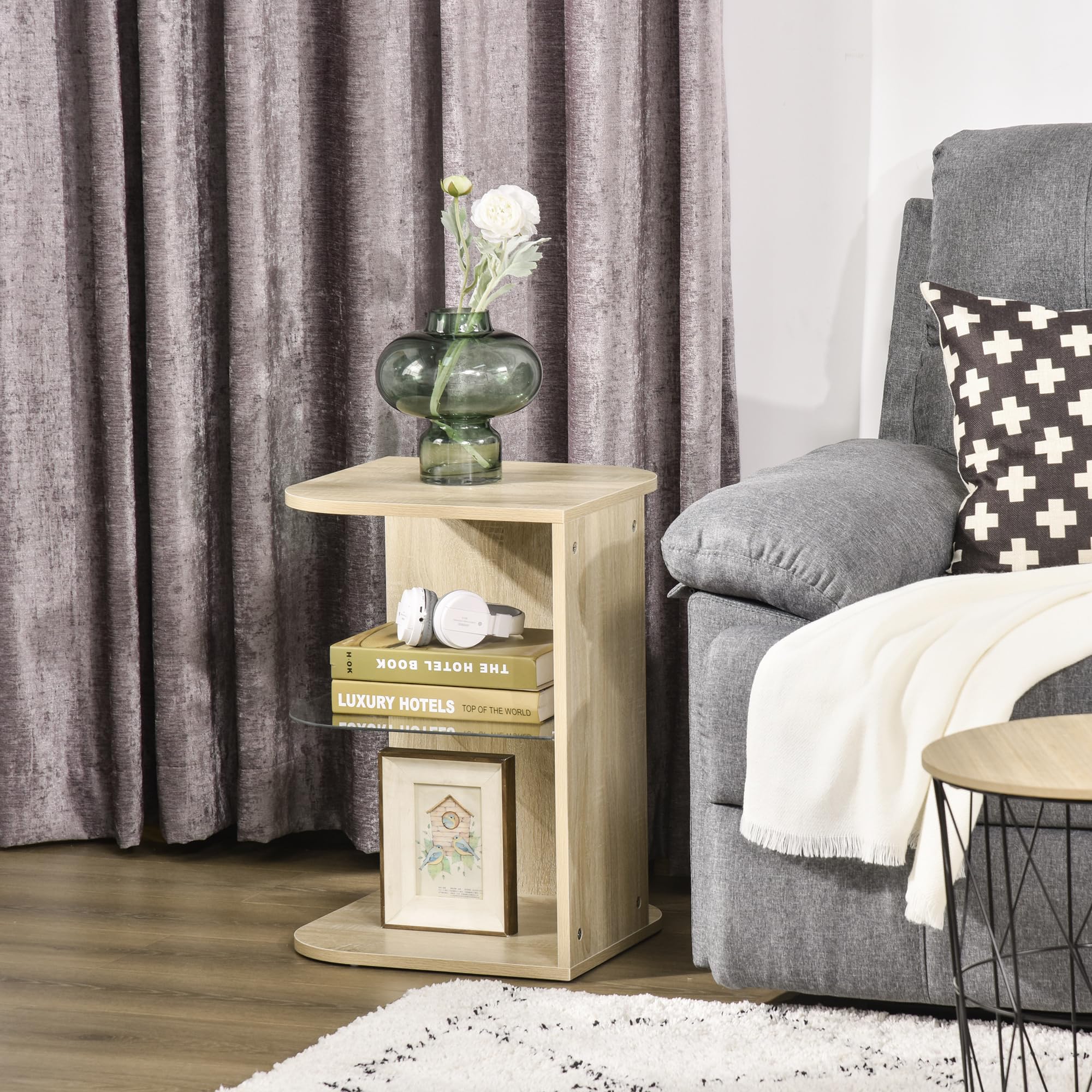 HOMCOM Table d'Appoint Guéridon Design Contemporain Étagère Bois Naturel